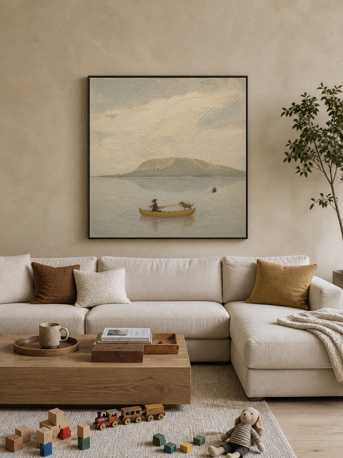 Whimsical Abstract Dog Travel Painting With Canoe Outdoor Adventure Home Decor