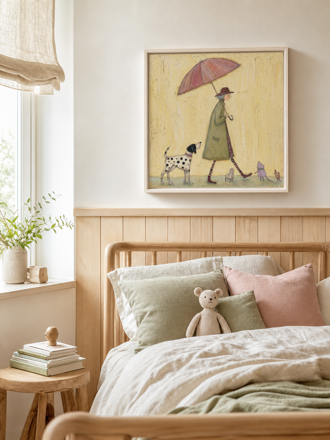 Vintage Dog Painting With Lady And Umbrella For Cozy Home Decor