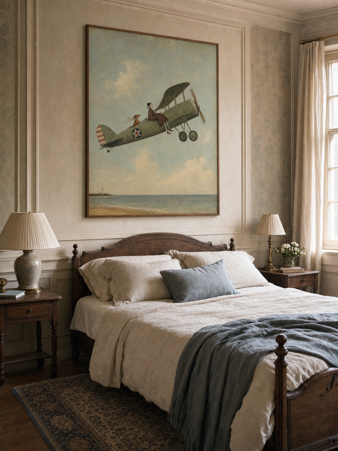 Vintage Airplane Painting Coastal Scene Original Art For Home Decor