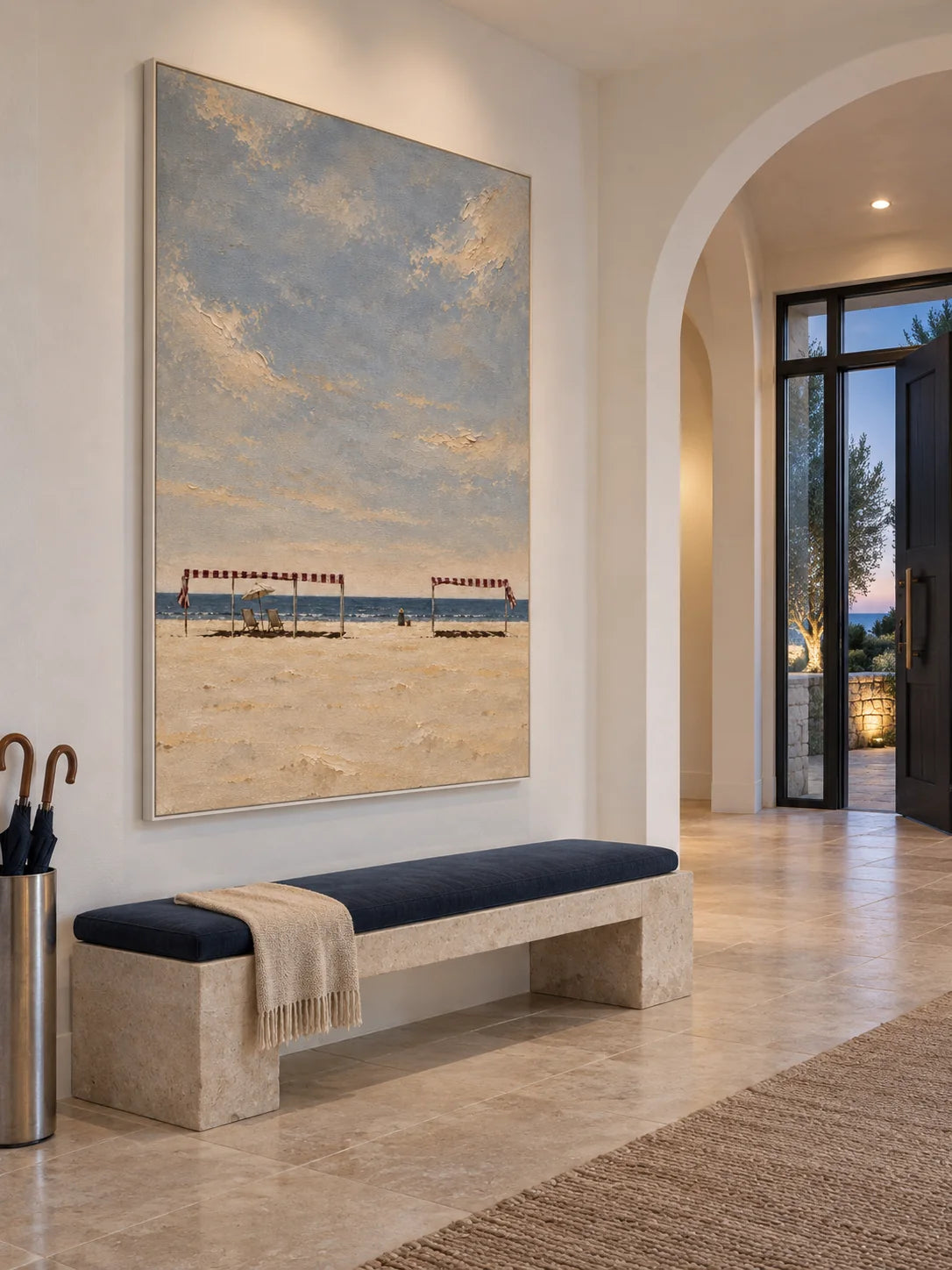Serene Minimalist Beach Canvas Art In Blue And Beige For Bedroom Decor