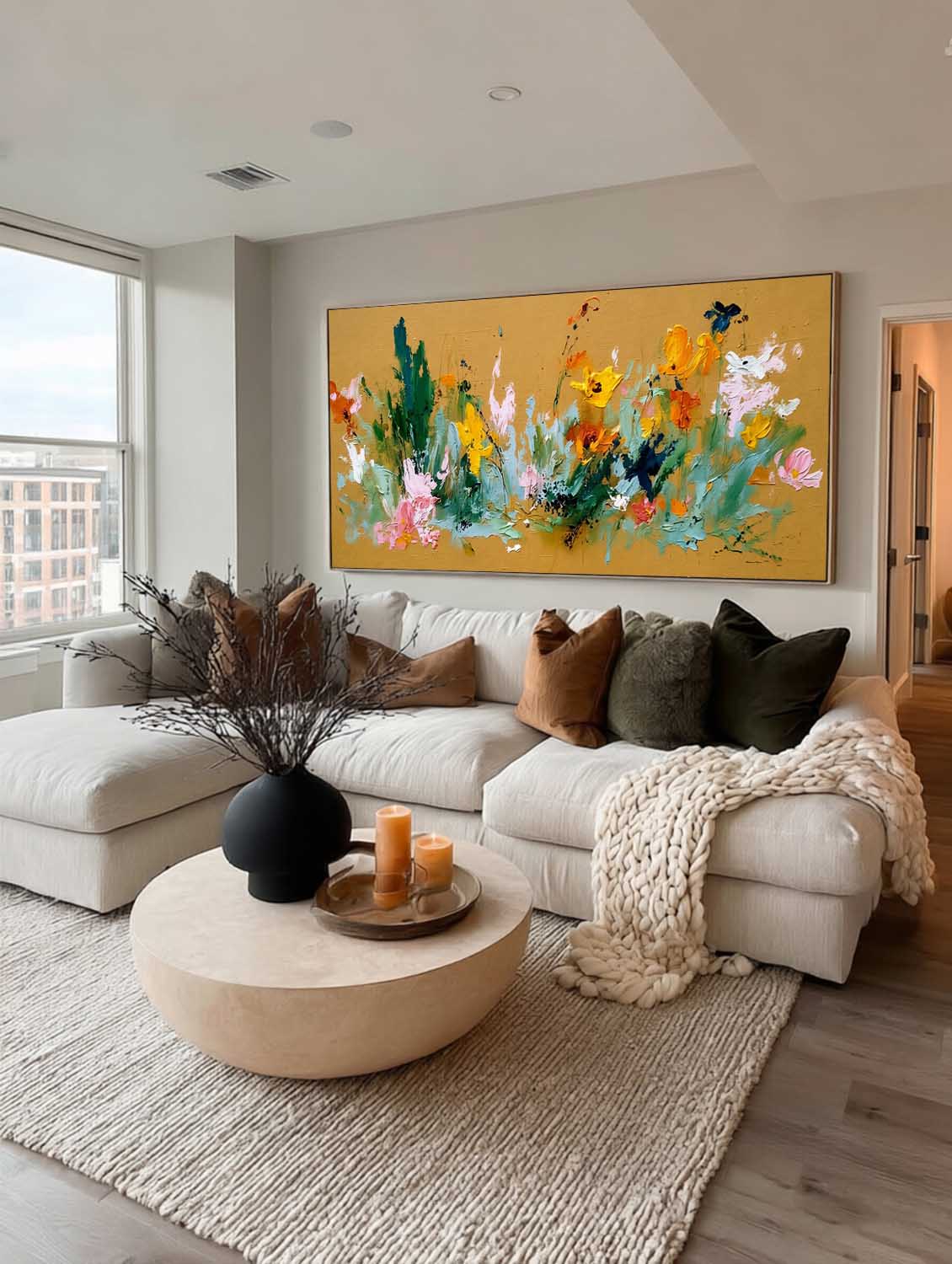 Large Horizontal Abstract Floral Painting With Gold And Green Tones For Living Room