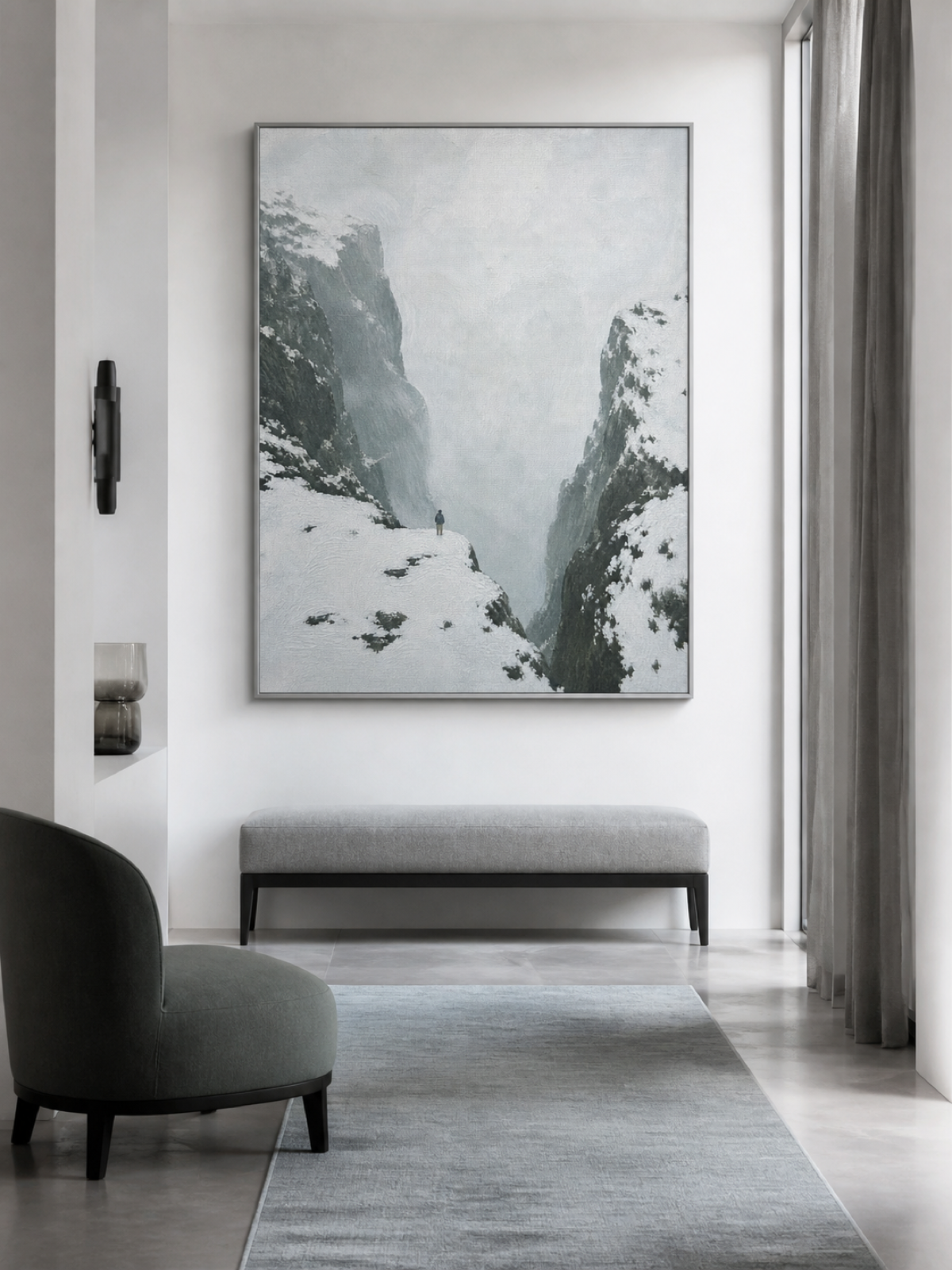 Large Monochrome Snow Mountain Oil Painting Minimalist Wall Art For Bedroom