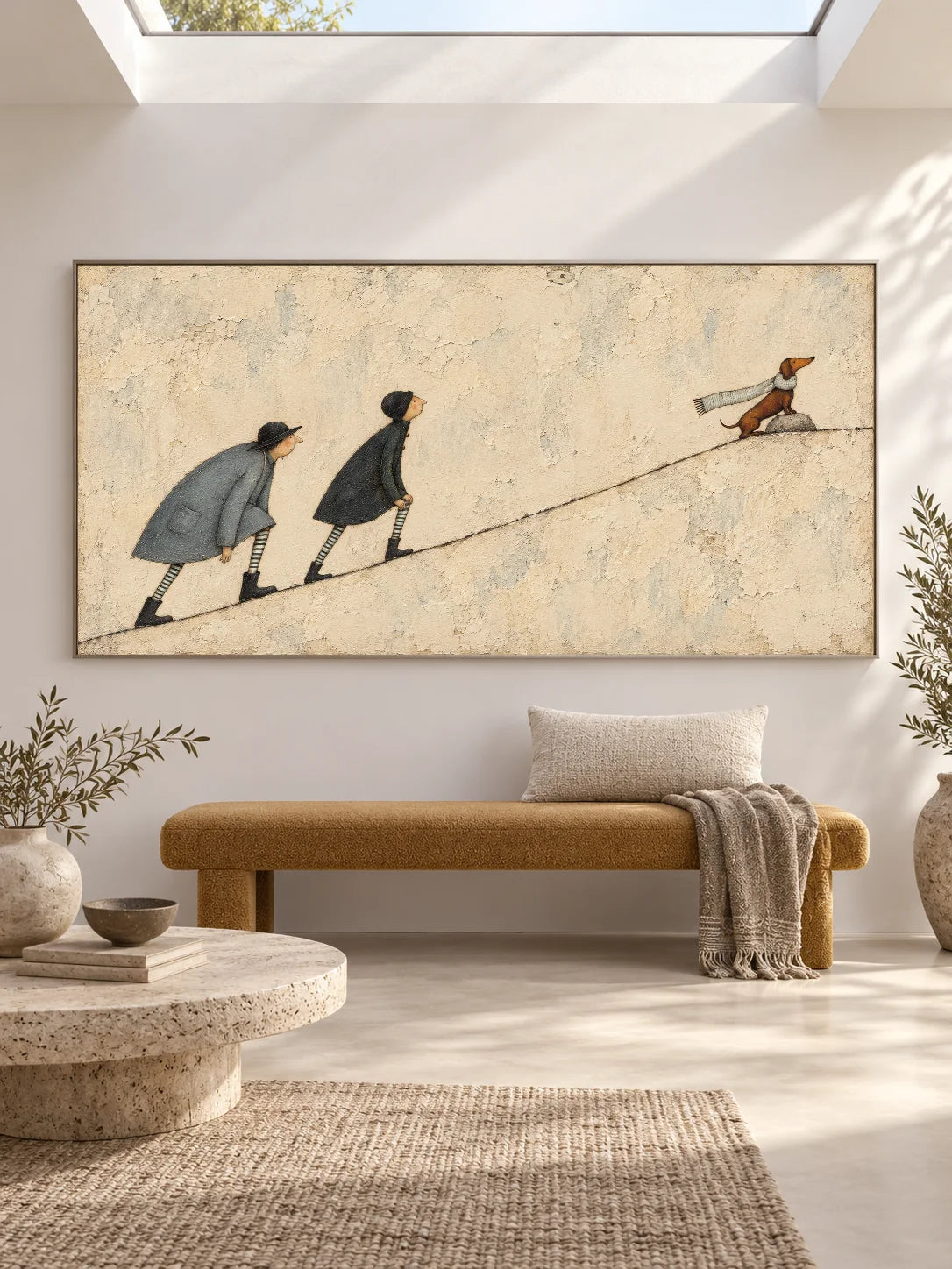 Hand Painted Dachshund Adventure Wall Art Minimalist Storybook Canvas Artwork