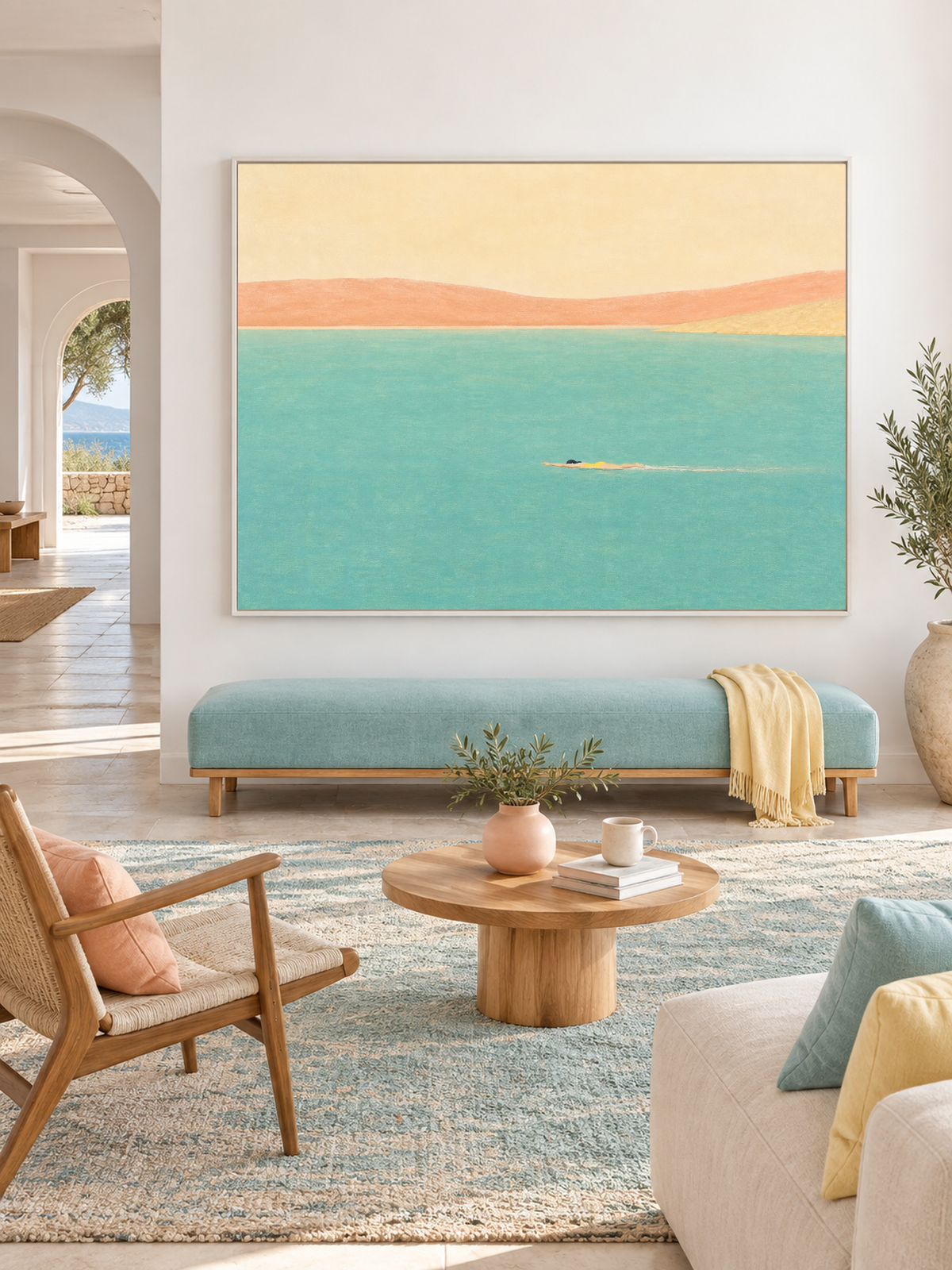 Minimalist Open Water Canvas Art With Lone Swimmer And Warm Coastal Horizon