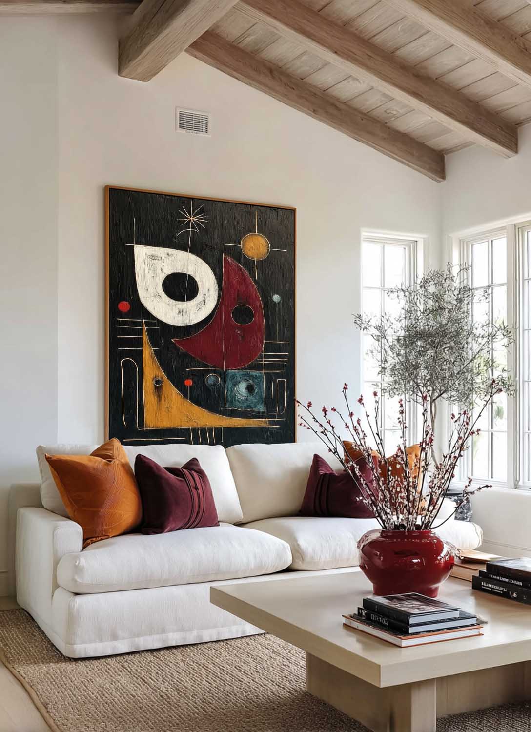 Square Abstract Geometric Painting In Black And Red For Modern Living Room