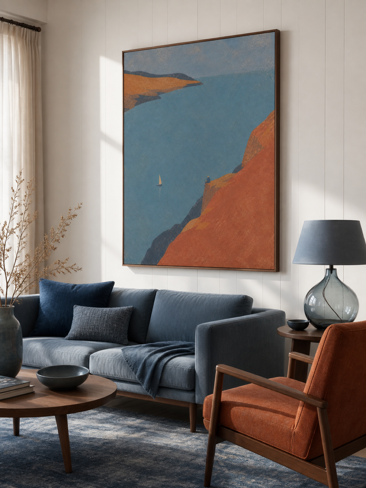 Sailboat And Seated Traveler On Terracotta Coast Hand-Painted Canvas Art