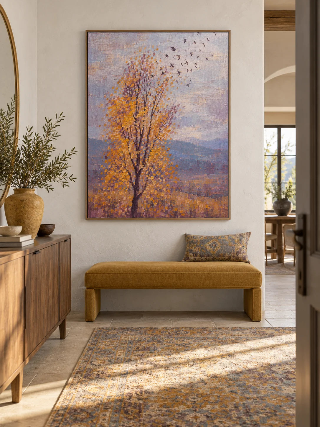 Hand-Painted Golden Tree And Birds Canvas Wall Art For Living Room