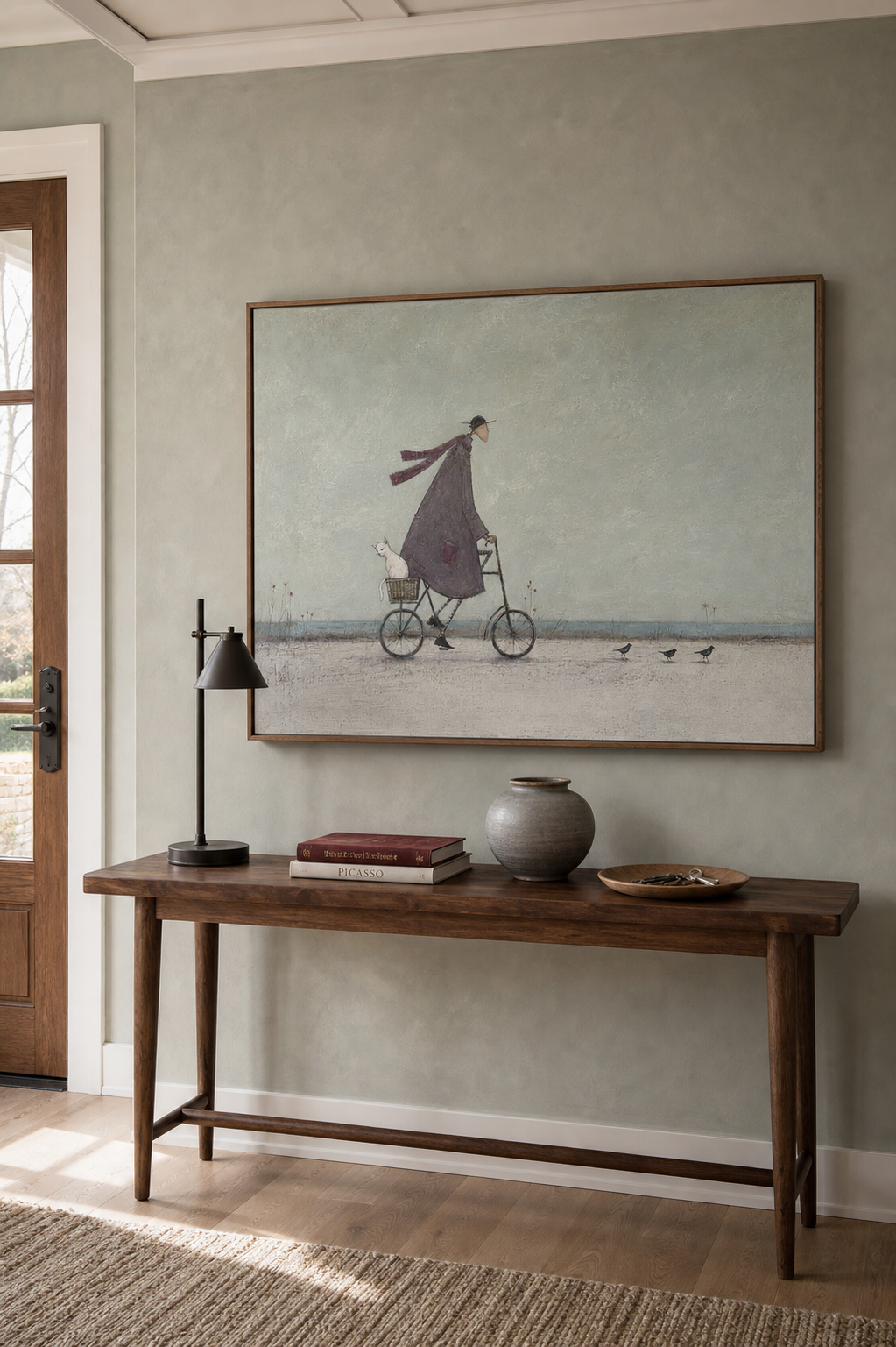 Whimsical Seaside Bicycle Canvas Art Man Ride Coastal Vintage Oil Painting