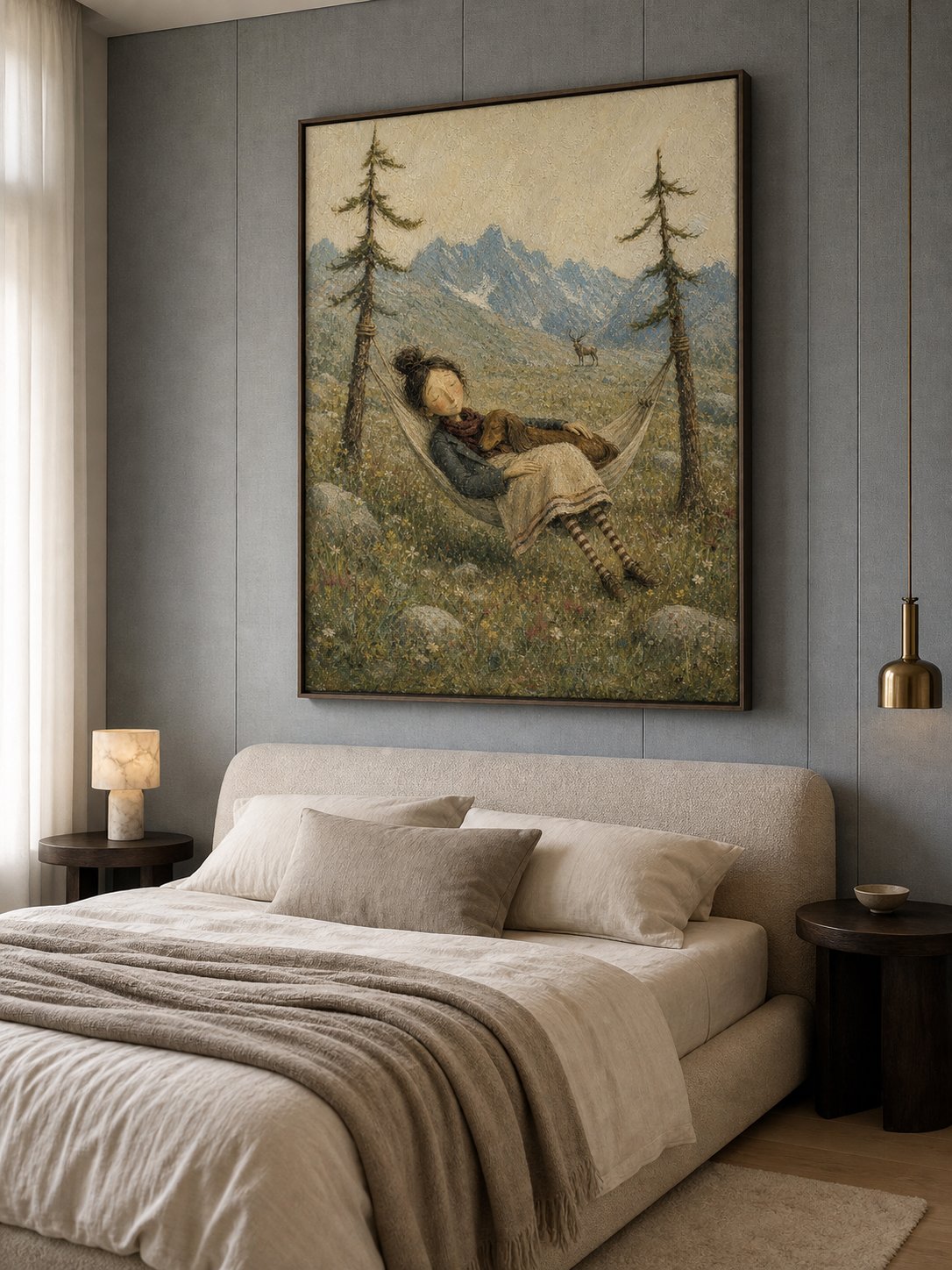 Serene Mountain Landscape Oil Painting With Hammock For Peaceful Living Room Wall Art