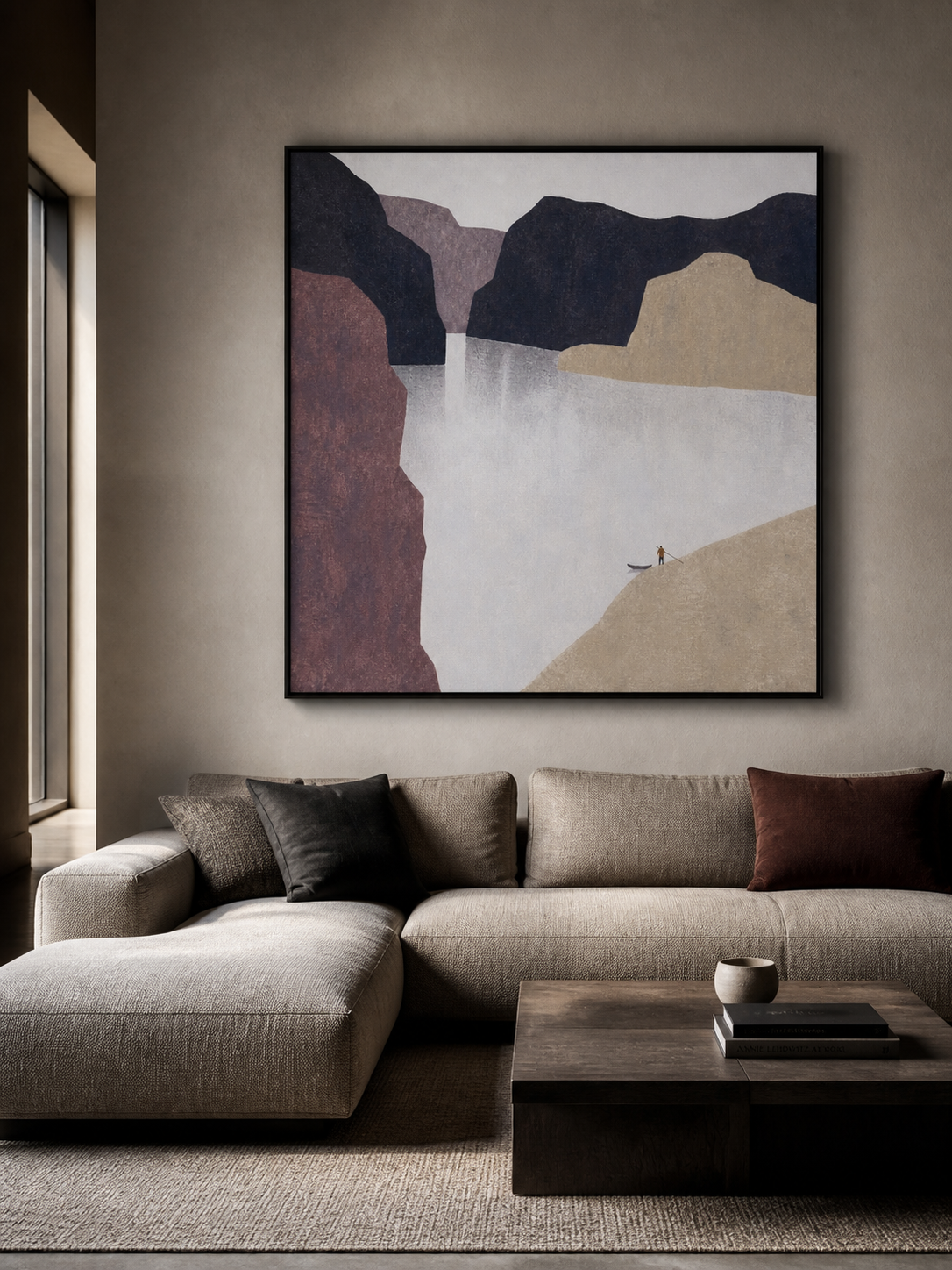 Hand Painted Minimalist Abstract Figure Fjord Landscape Large Wall Art