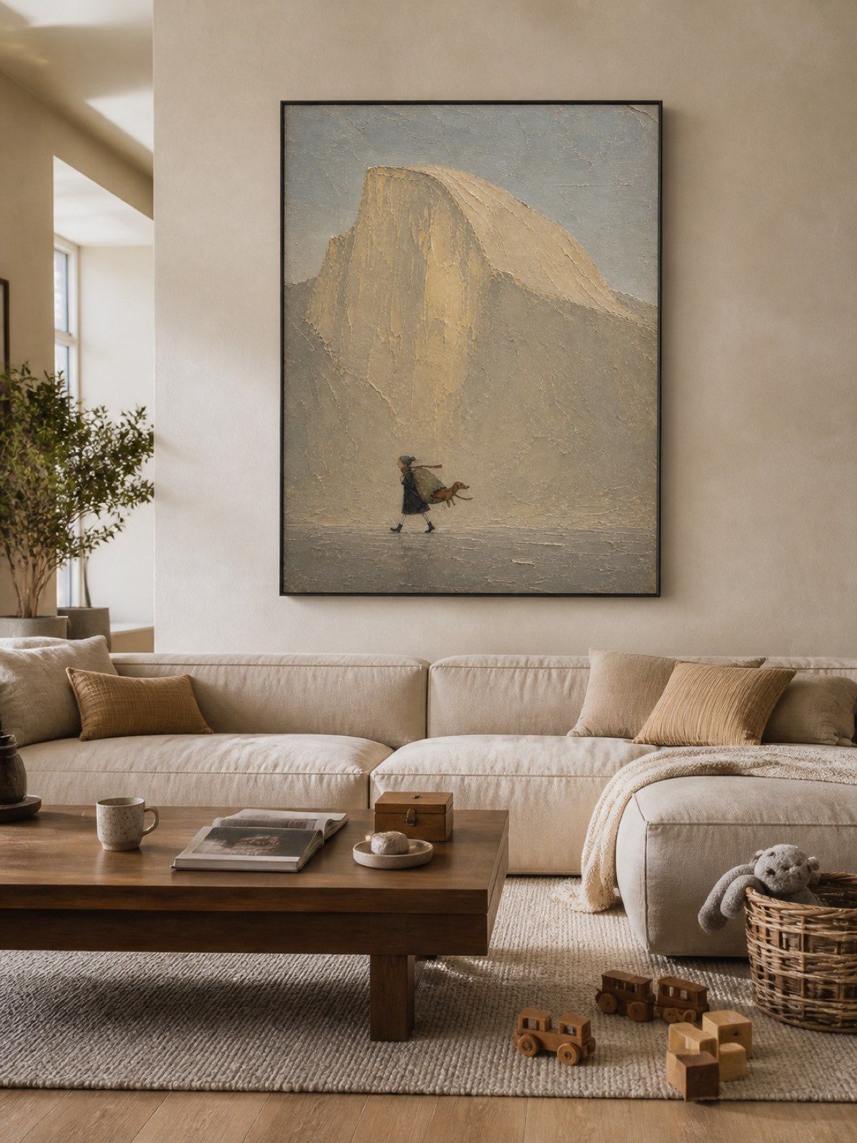 Vintage Traveler And Dog Canvas Painting With Textured Mountain