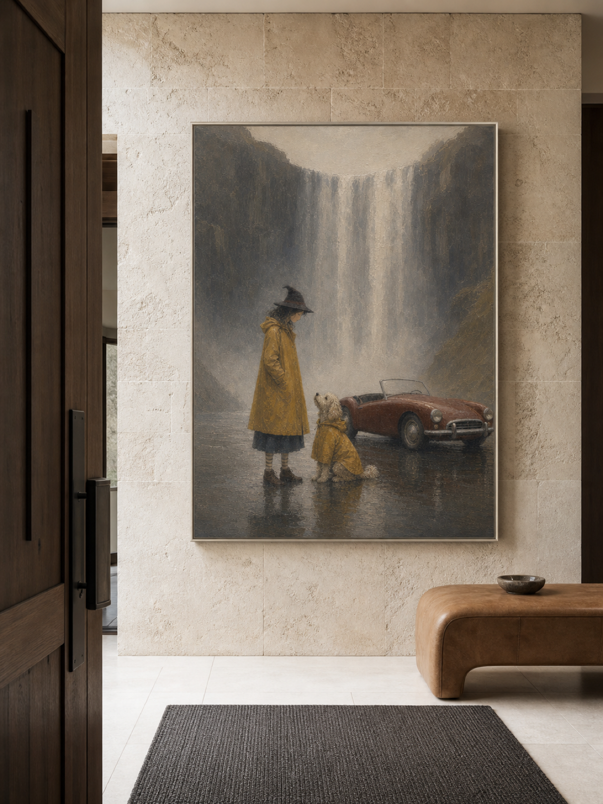 Hand Painted Vintage Adventure Painting With Dog Waterfall Travel Story Art