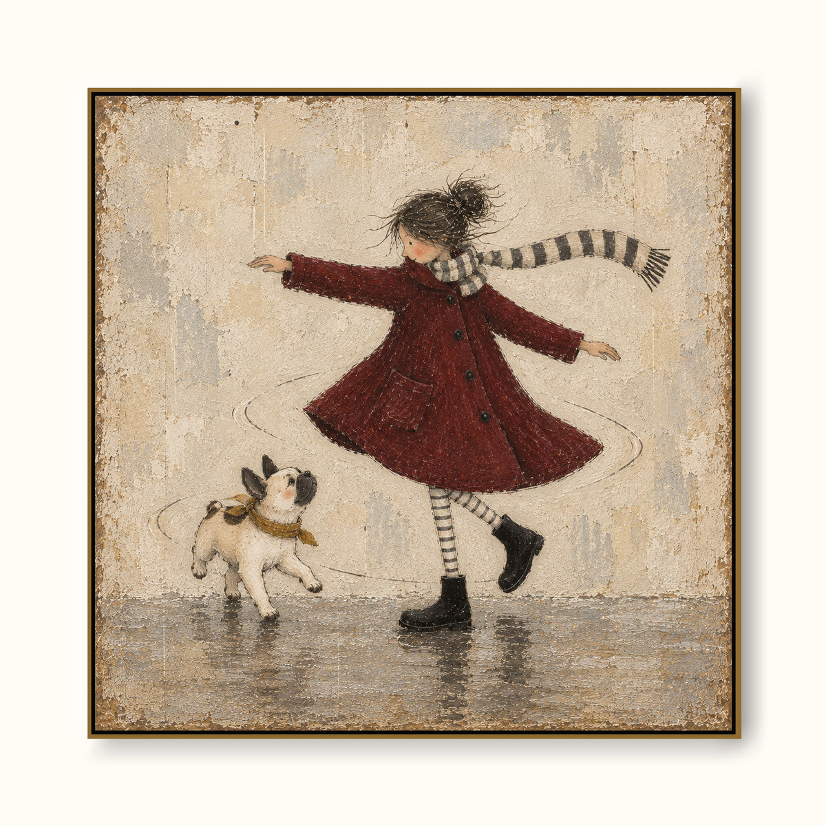 Girl And French Bulldog Dancing Canvas Painting Hand-Painted Wall Art
