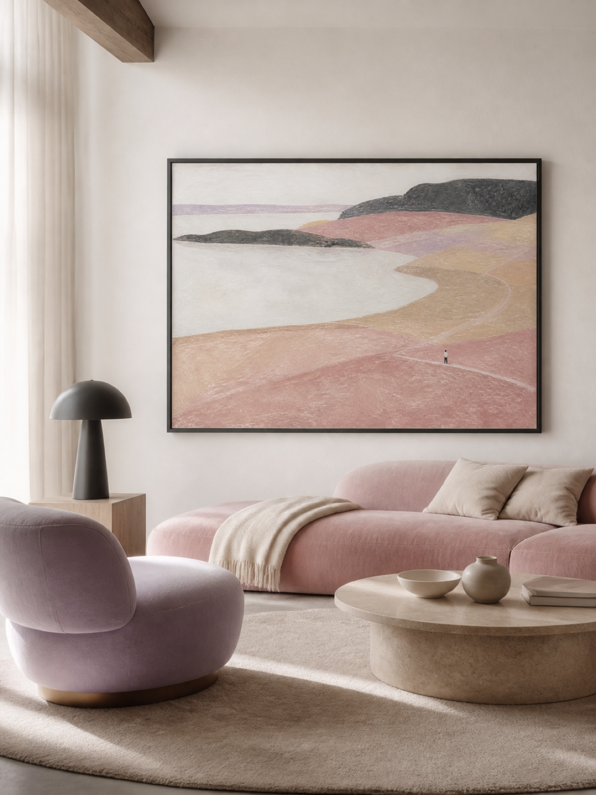 Contemporary Pink And Beige Abstract Bay With A Winding Path Wall Decor
