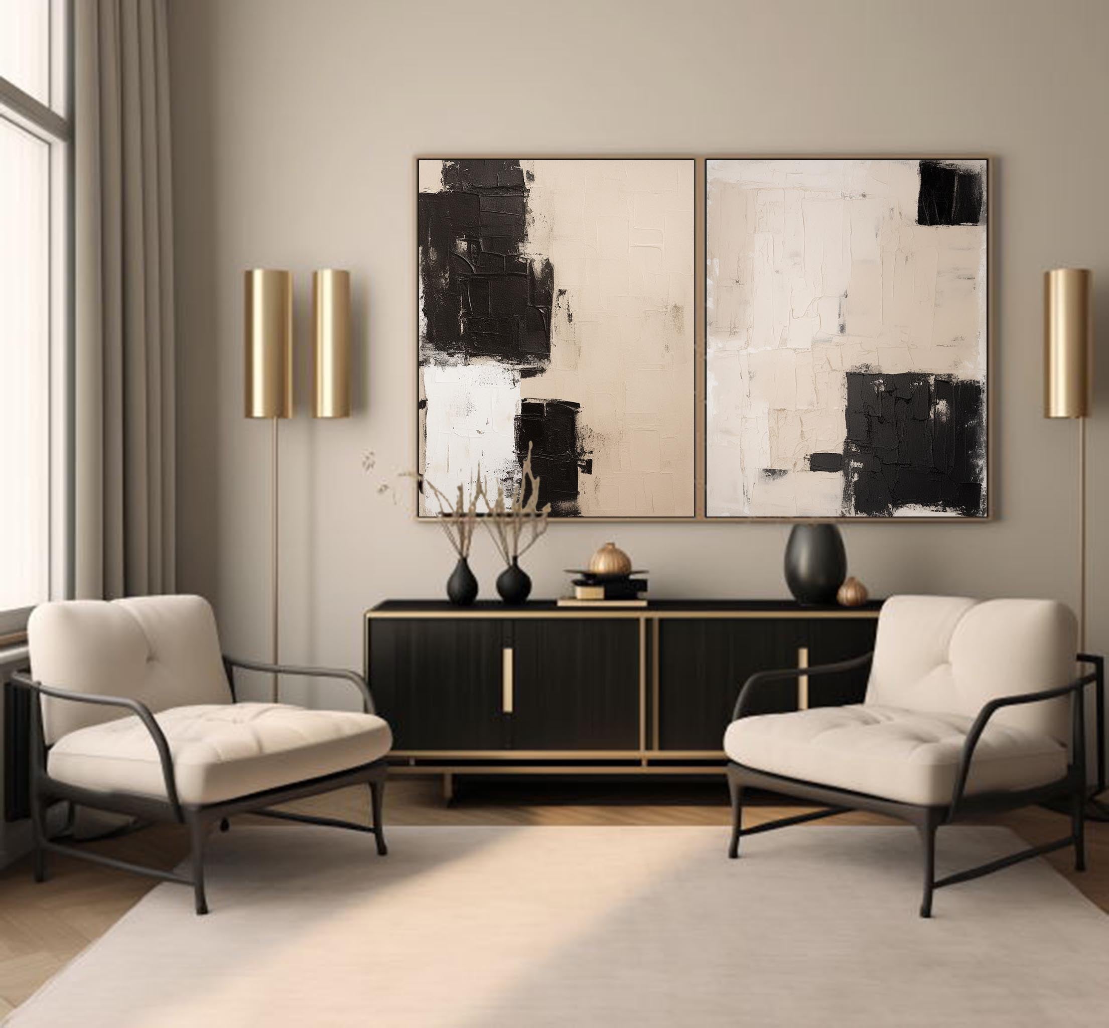 Set Of 2 Black And Beige Minimalist Painting Set Of 2 Beige And Black Wabi-Sabi Art