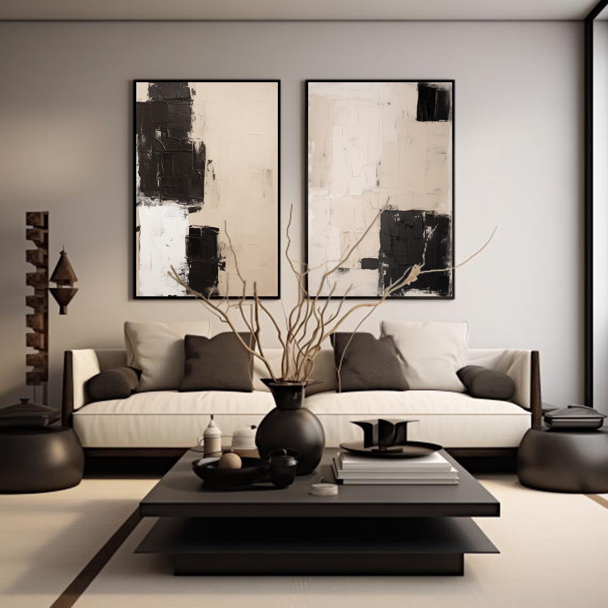 Set Of 2 Black And Beige Minimalist Painting Set Of 2 Beige And Black Wabi-Sabi Art
