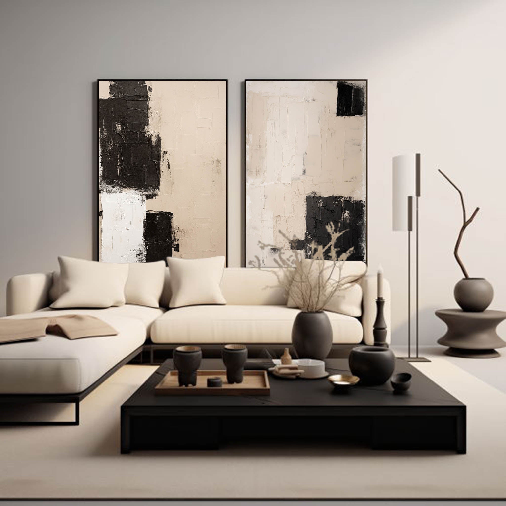 Set Of 2 Black And Beige Minimalist Painting Set Of 2 Beige And Black Wabi-Sabi Art