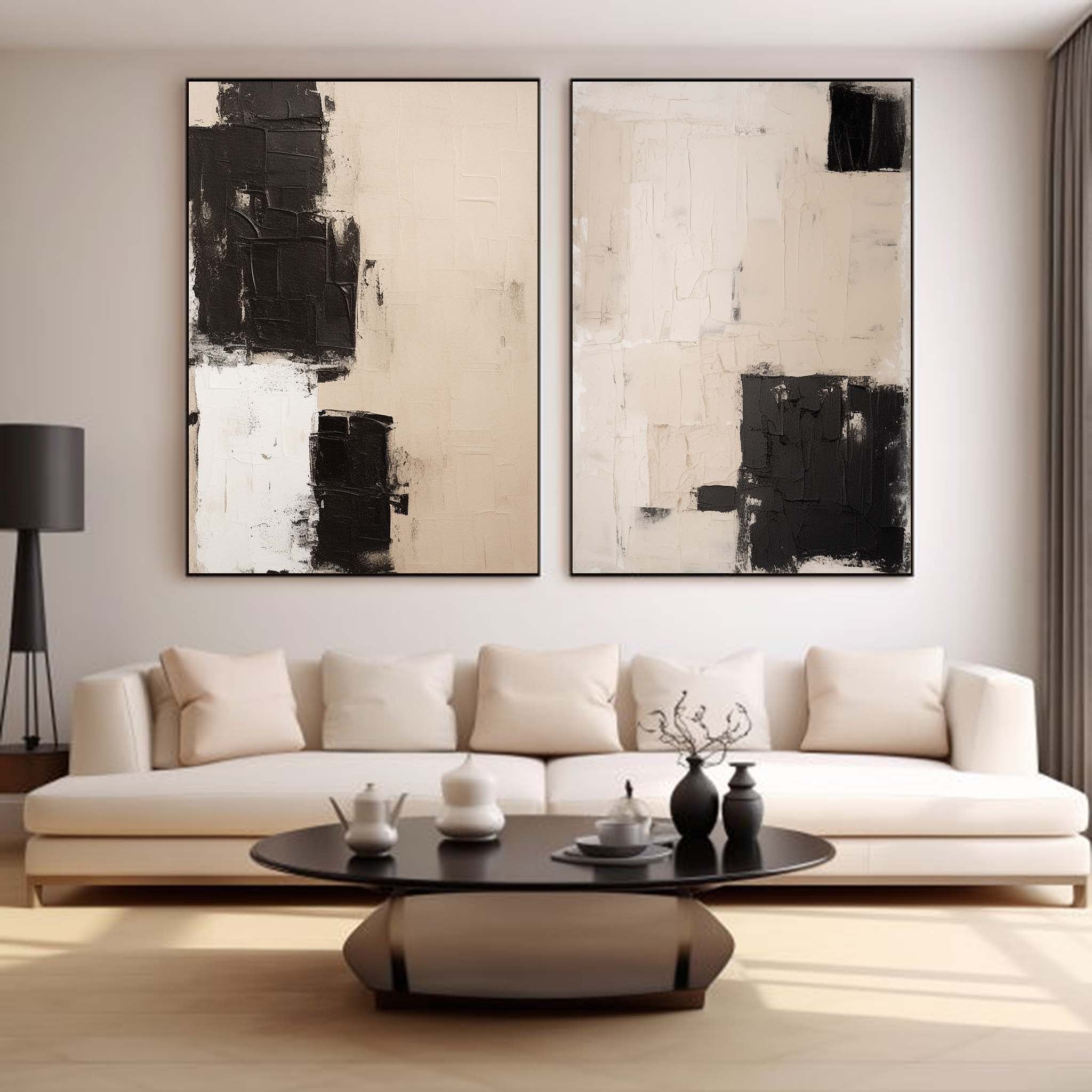 Set Of 2 Black And Beige Minimalist Painting Set Of 2 Beige And Black Wabi-Sabi Art