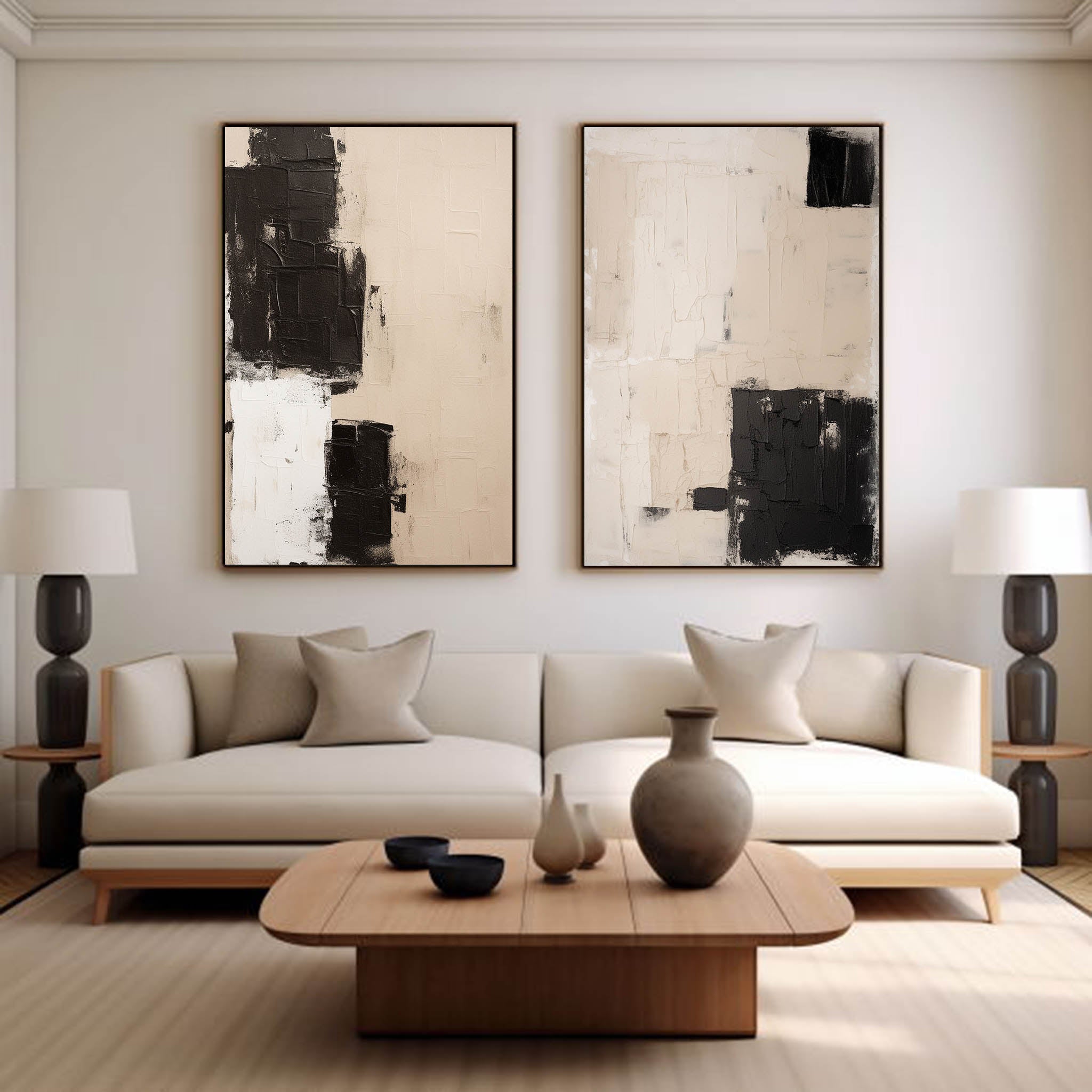 Set Of 2 Black And Beige Minimalist Painting Set Of 2 Beige And Black Wabi-Sabi Art