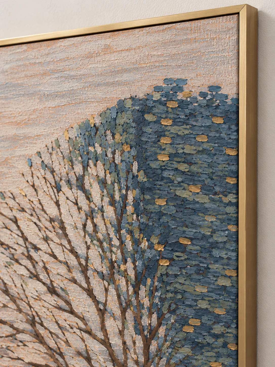 Minimalist Tree Landscape Painting Large Teal And Gold Nature Wall Art Canvas