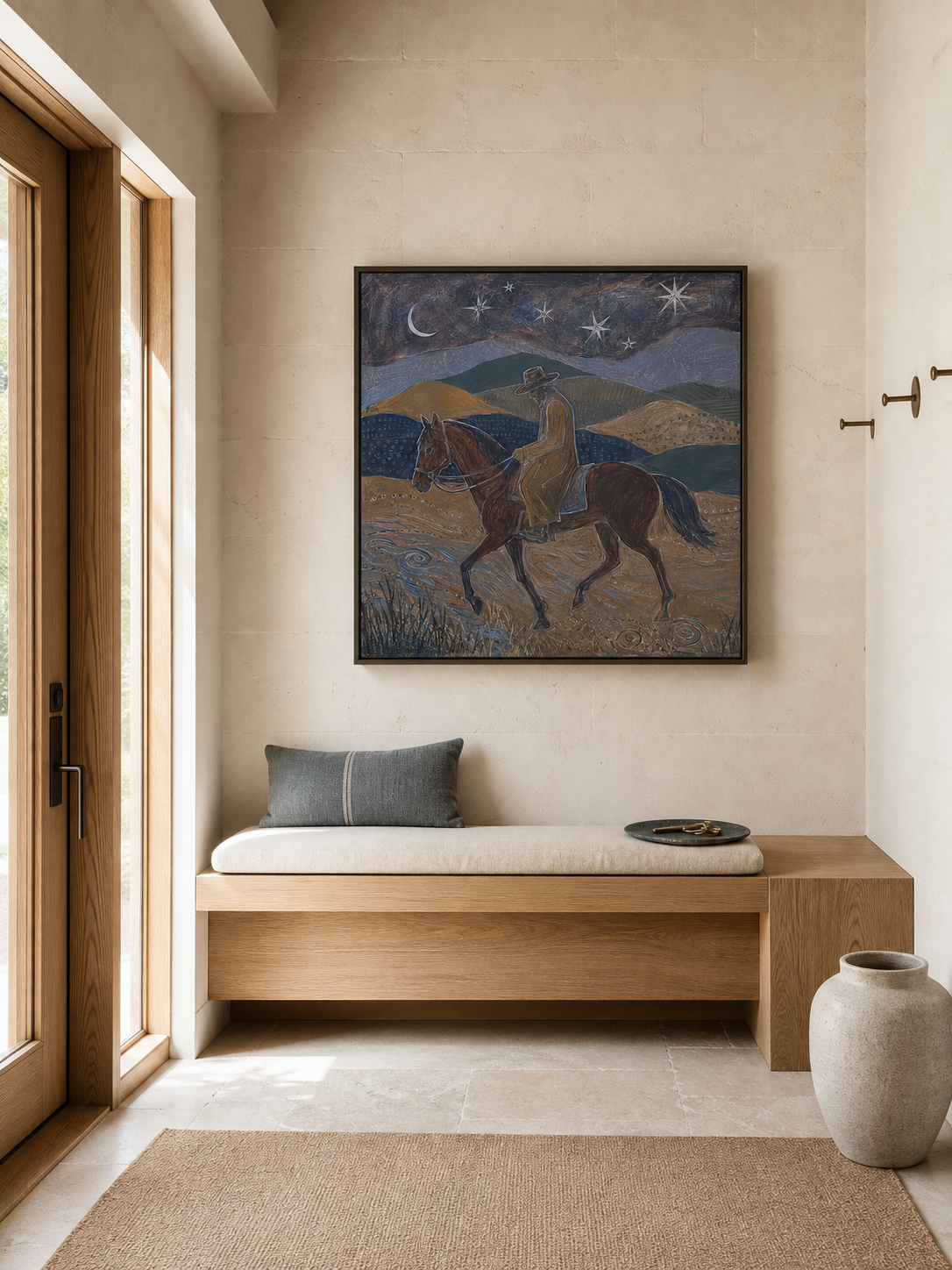 Original Western Cowboy Horse Painting With Moon And Stars For Living Room Decor