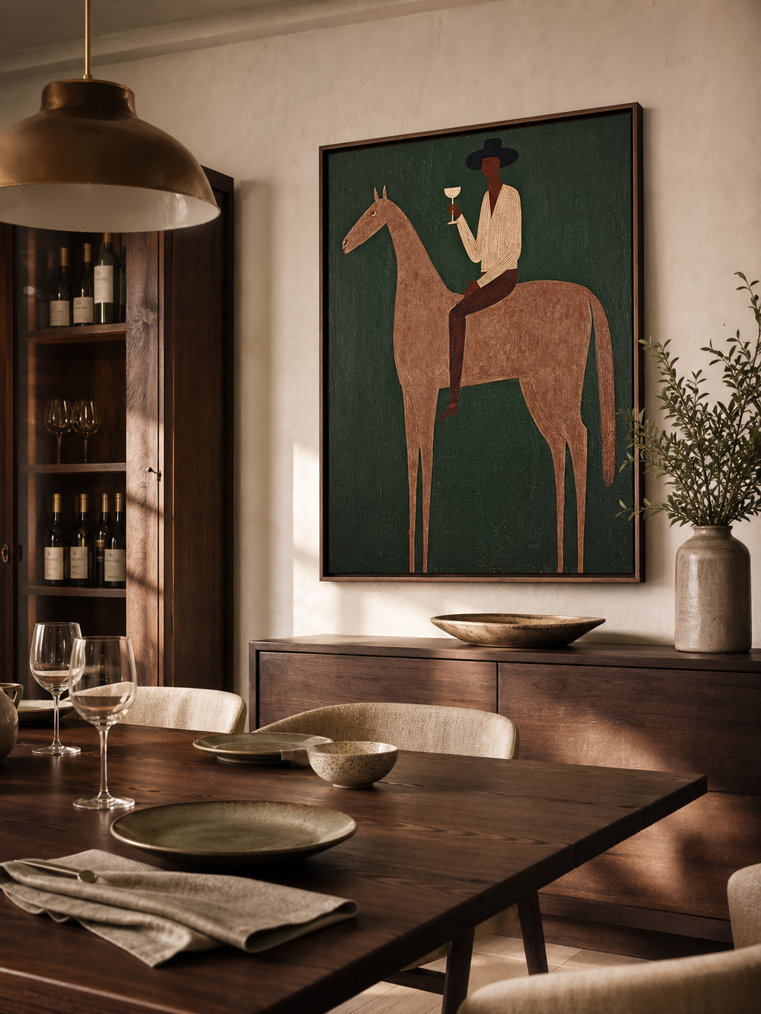 Vintage Equestrian Art Print Featuring Gentleman On Horse With Green Background For Living Room Decor