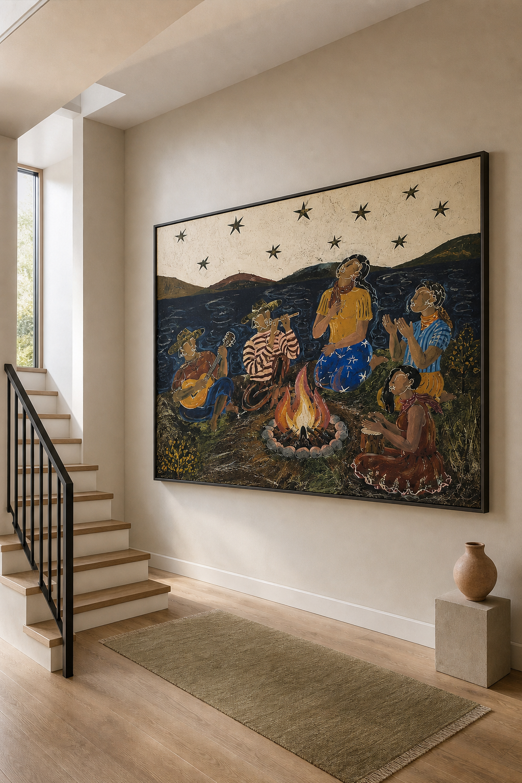 Large Original Vintage Boho Oil Painting Folk Musicians And Figures Wall Art