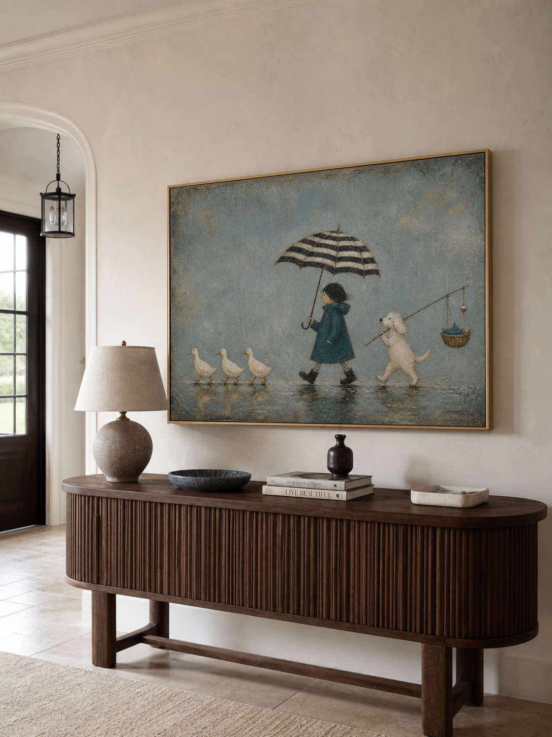 Charming Rainy Day Dog And Duck Art For Modern Kids Room Nursery Wall Decor