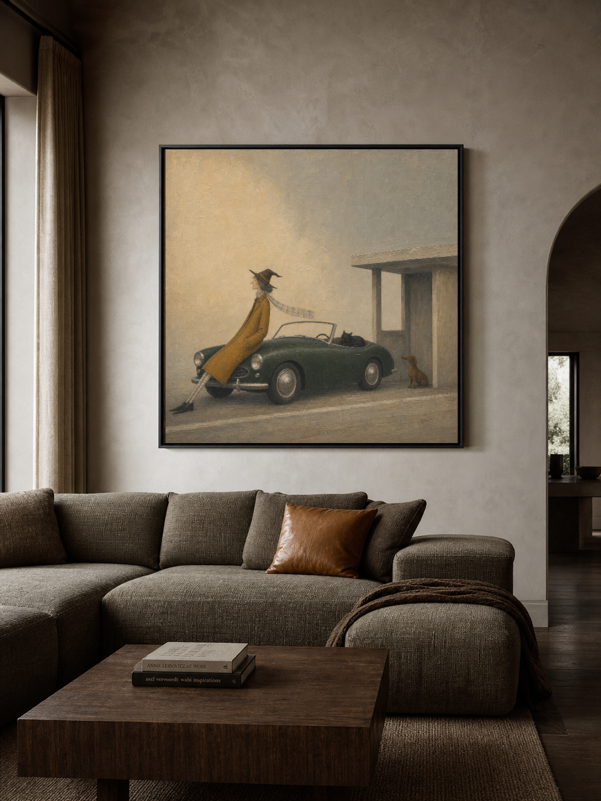 Vintage Car Painting With Woman And Pets Nostalgic Square Art For Home Decor