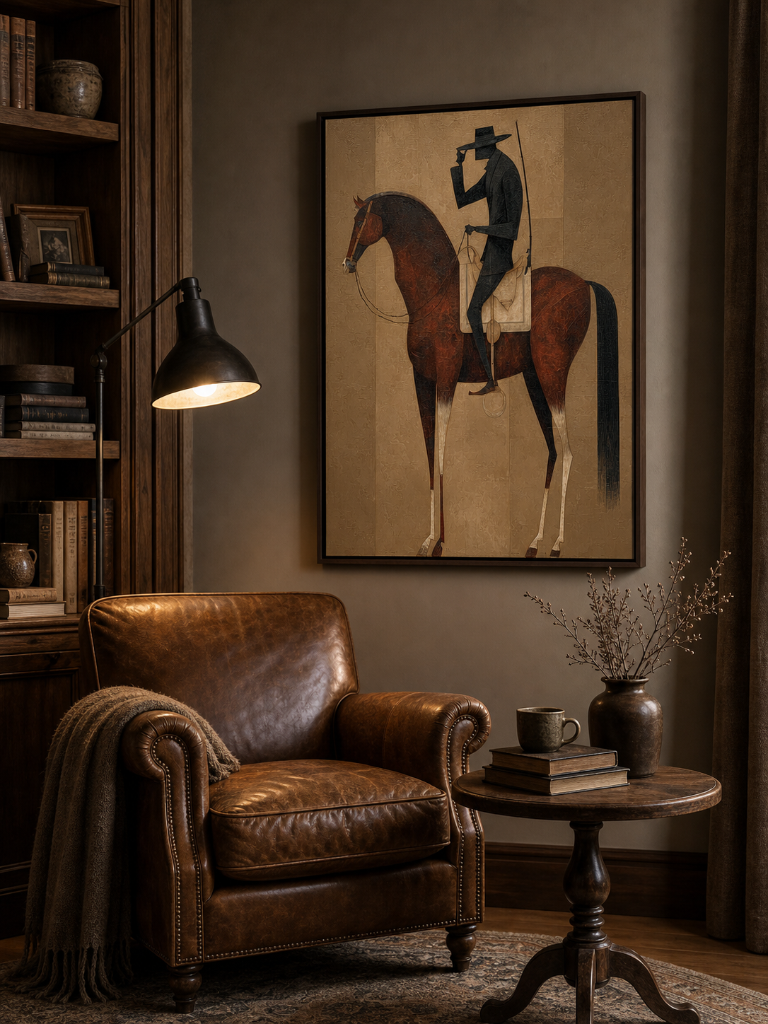 Modernist Brown And Beige Horse Painting With Abstract Human Figure