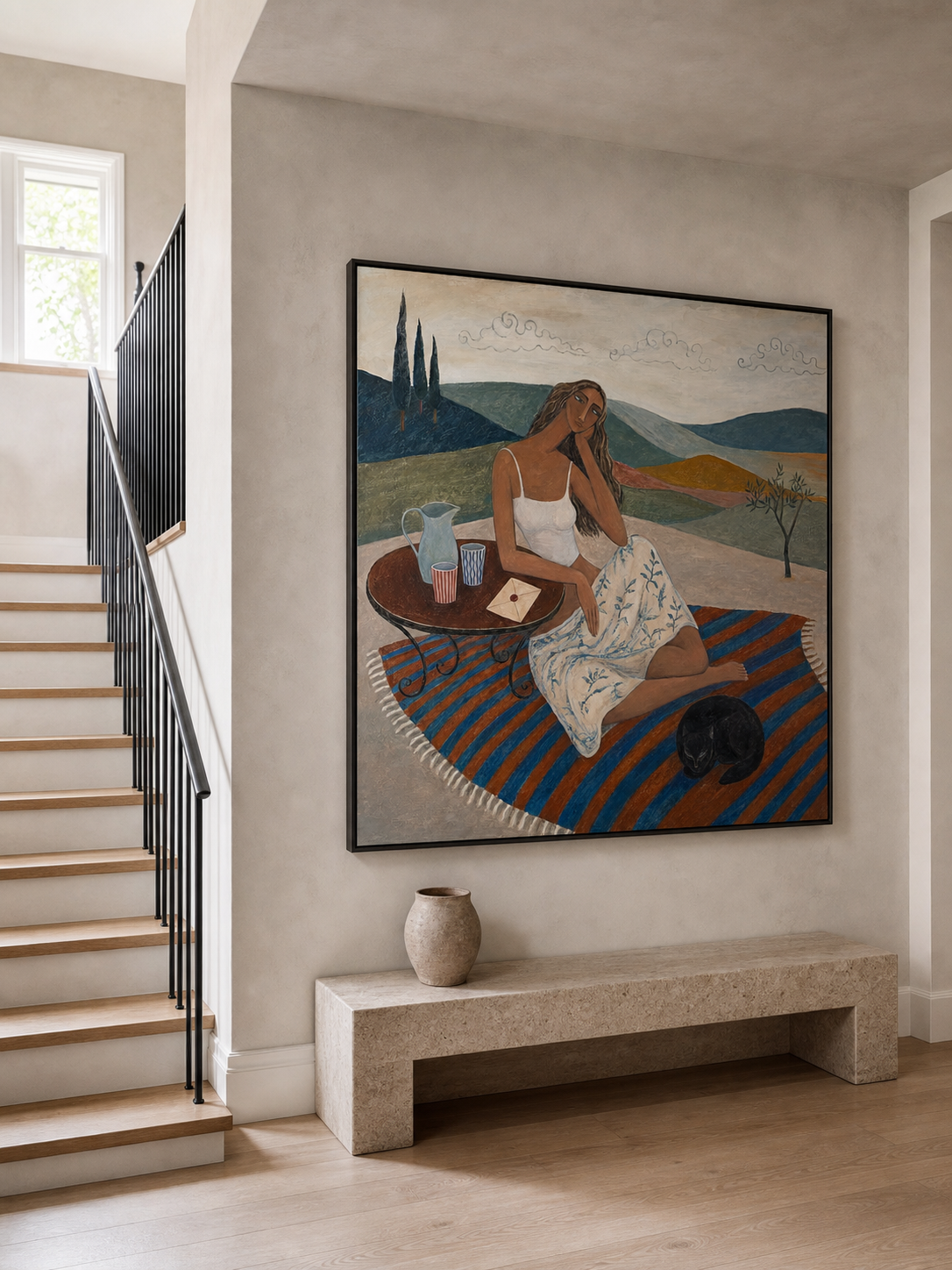 Mediterranean Vintage Oil Painting Of Woman In Countryside With Cat And Blue Rug