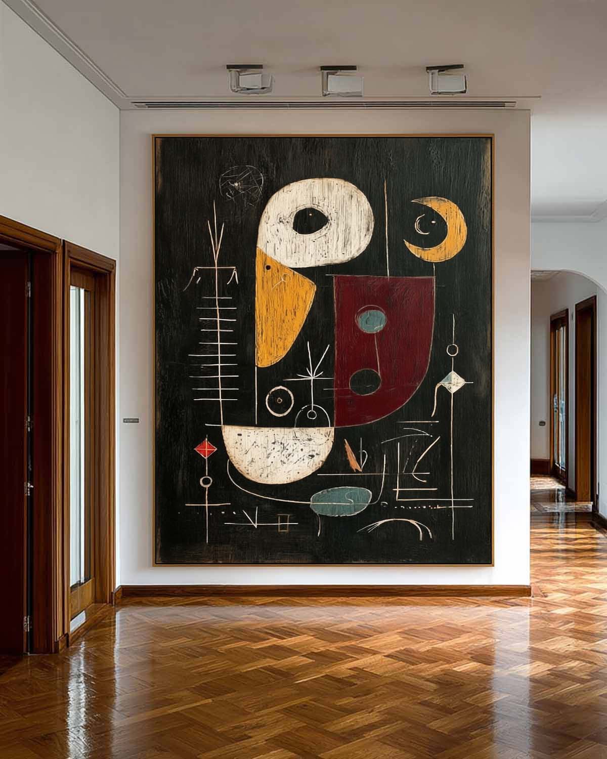 Tall Vertical Abstract Painting With Bold Geometric Shapes And Red Accents
