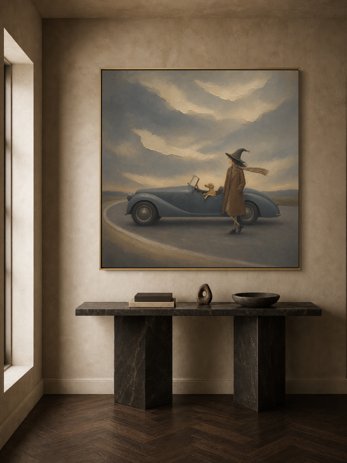 Dreamy Witch Travel Painting With Vintage Car And Dog In Surreal Landscape Art