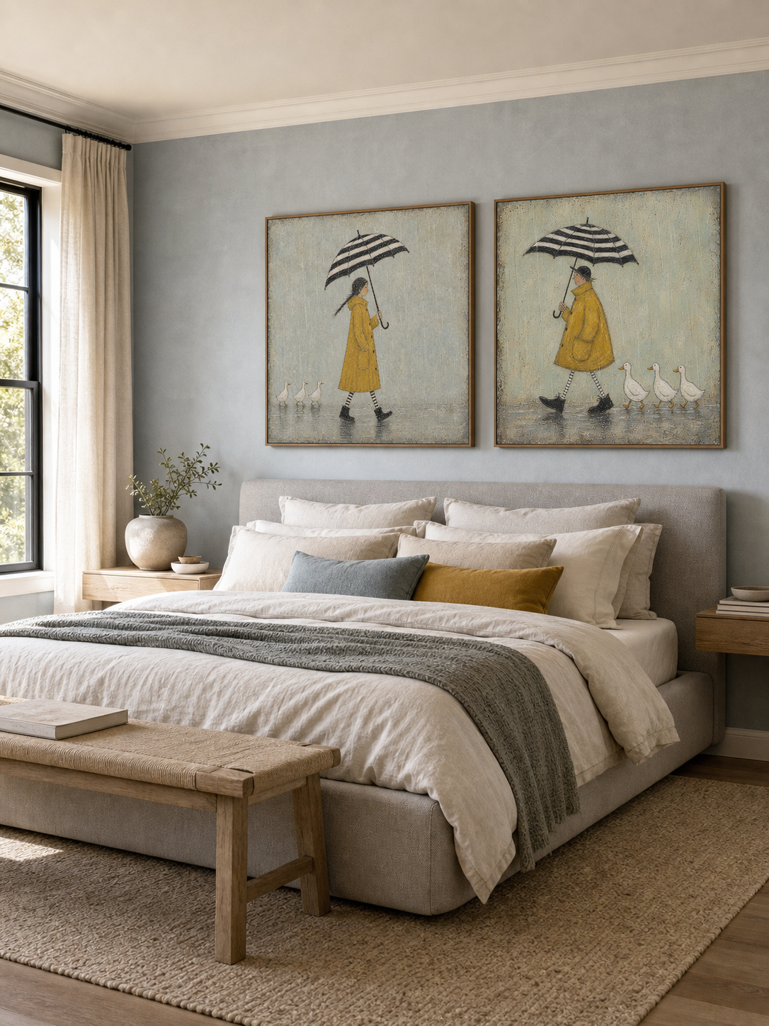 Whimsical Rainy Day Art With Ducks And Yellow Raincoats For Cottage Style Home