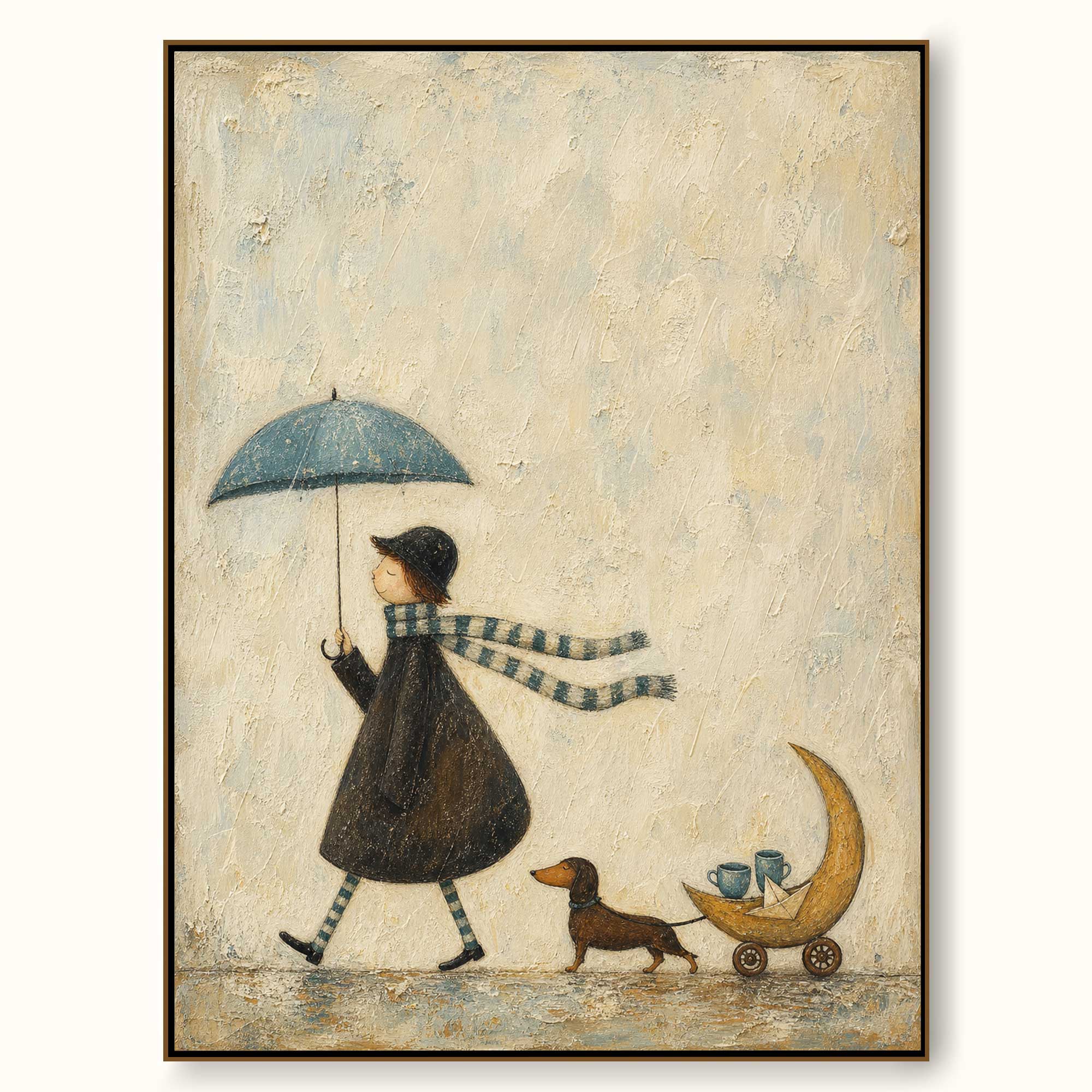 Whimsical Dachshund Canvas Art Moon Cart Tea Walk Neutral Cozy Wall Decor