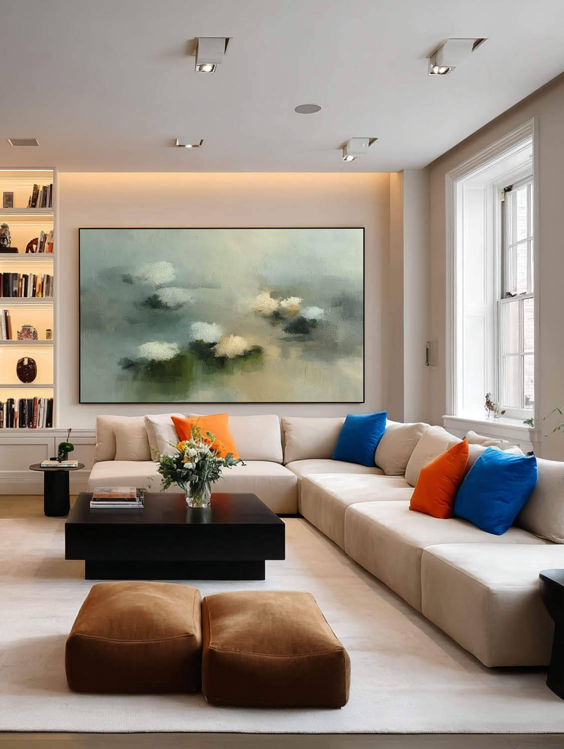 Large Horizontal Abstract Floral Painting In Soft Green And White For Living Room