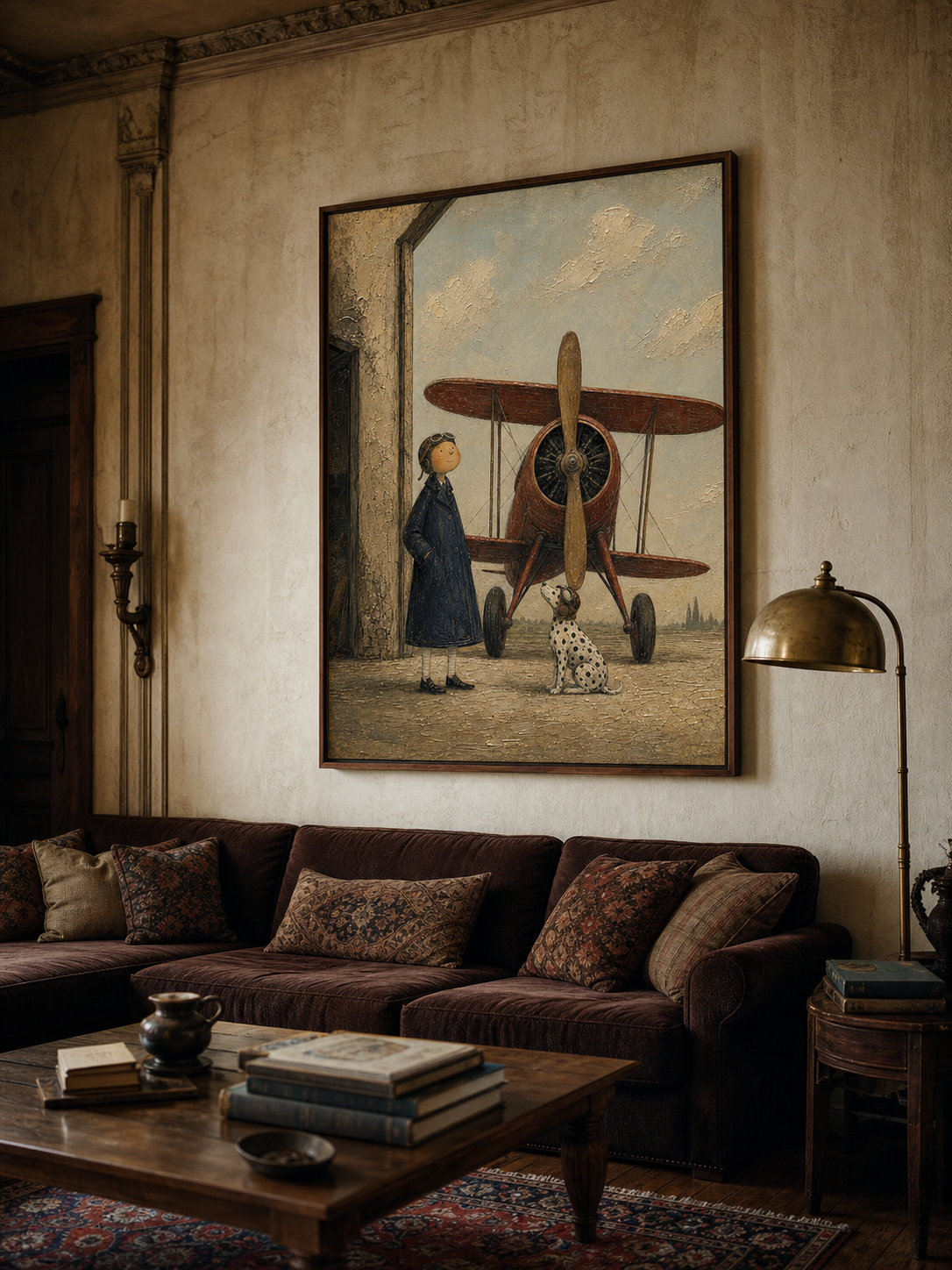 Vintage Pilot And Dalmatian Dog Wall Art With Classic Biplane For Study