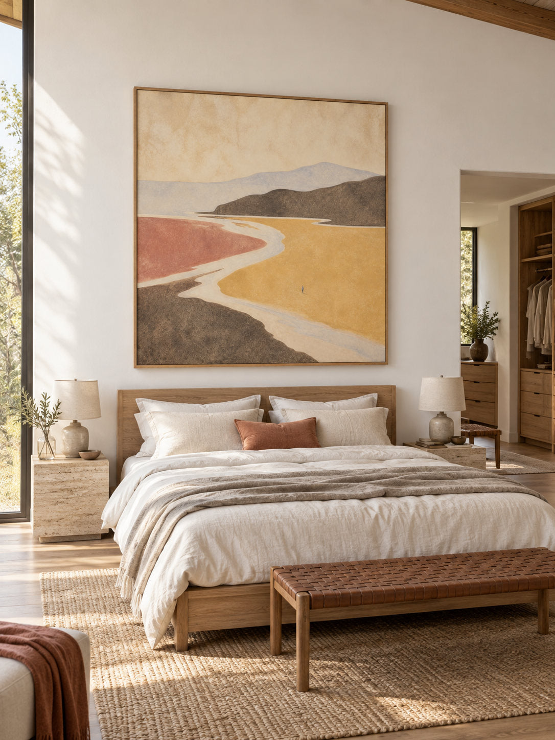 Contemporary Ochre And Rose Landscape Wall Art For Modern Bedroom Decor