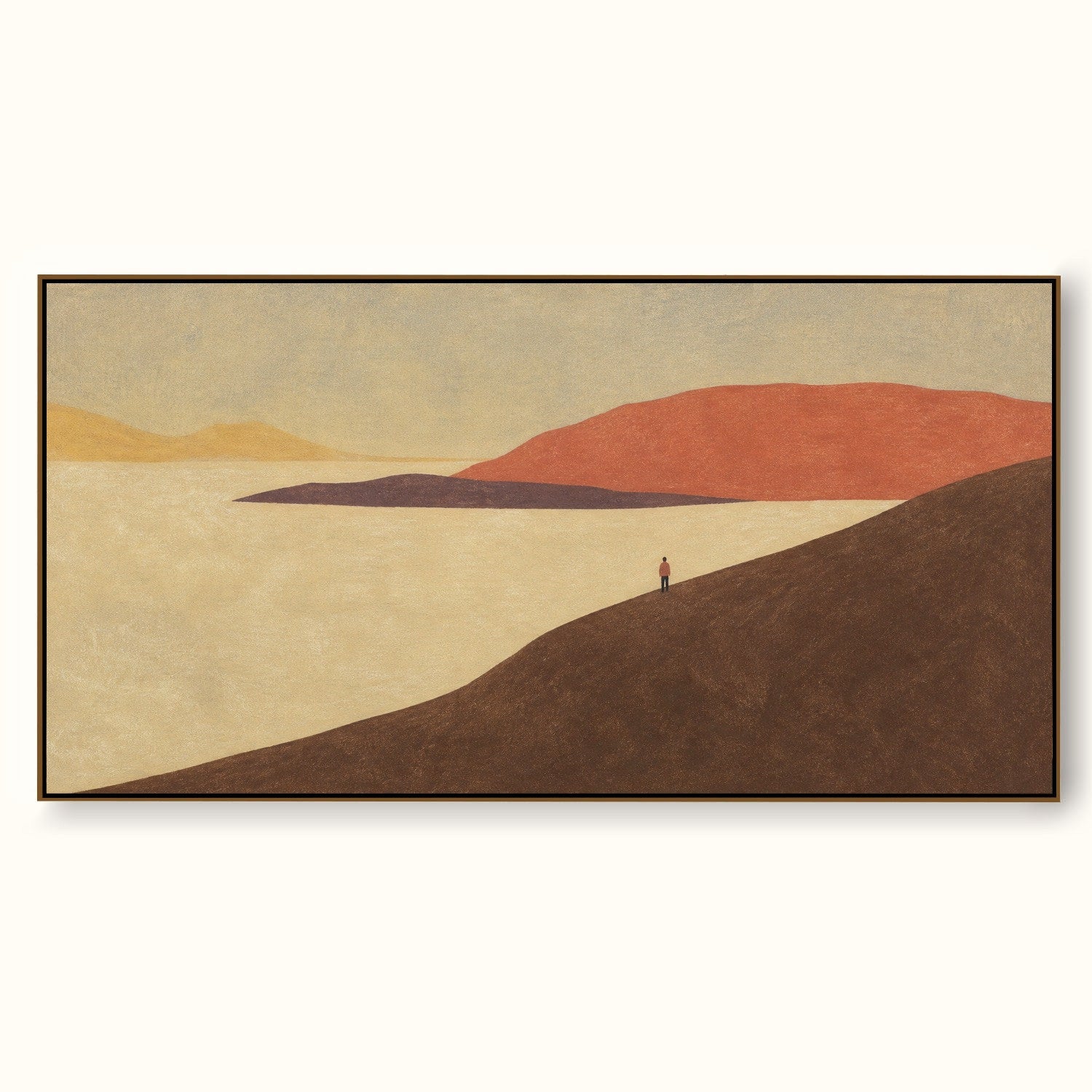 Hand-Painted Rust Red Lake Landscape Canvas Wall Art With Small Lone Figure