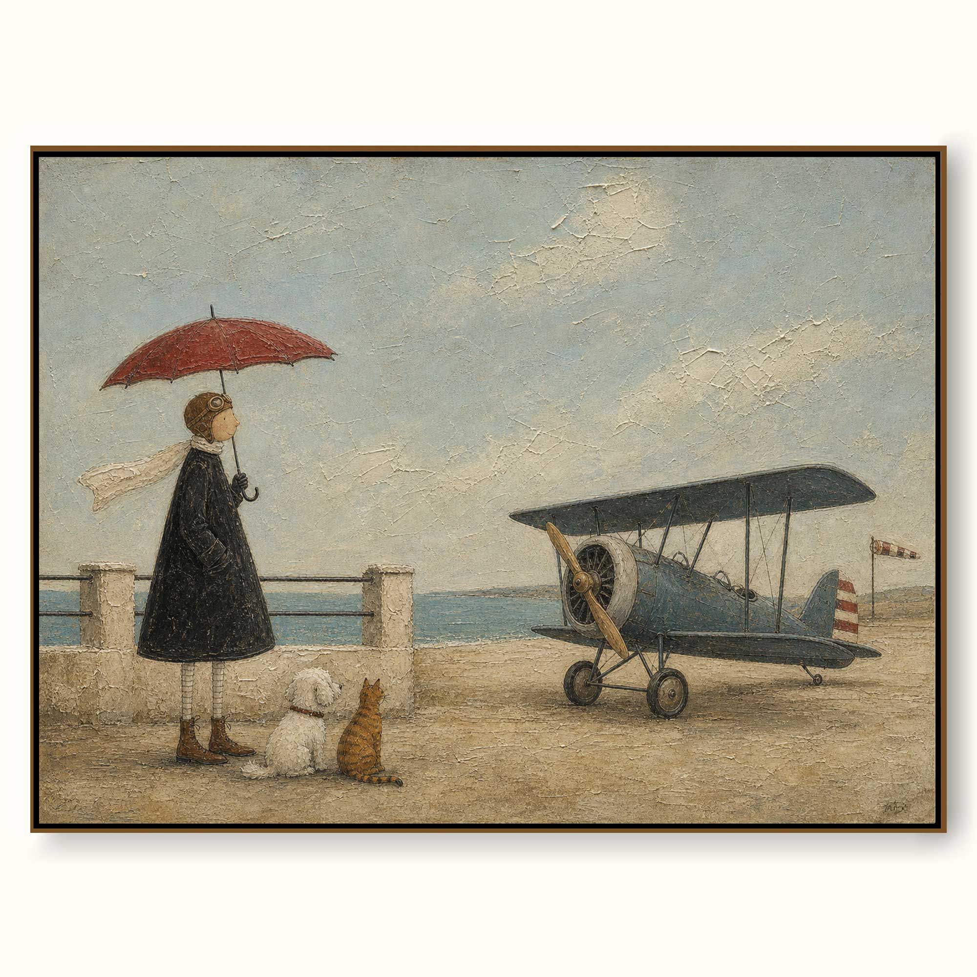 Whimsical Vintage Airplane Painting With Dog And Cat For Coastal Home Decor Art