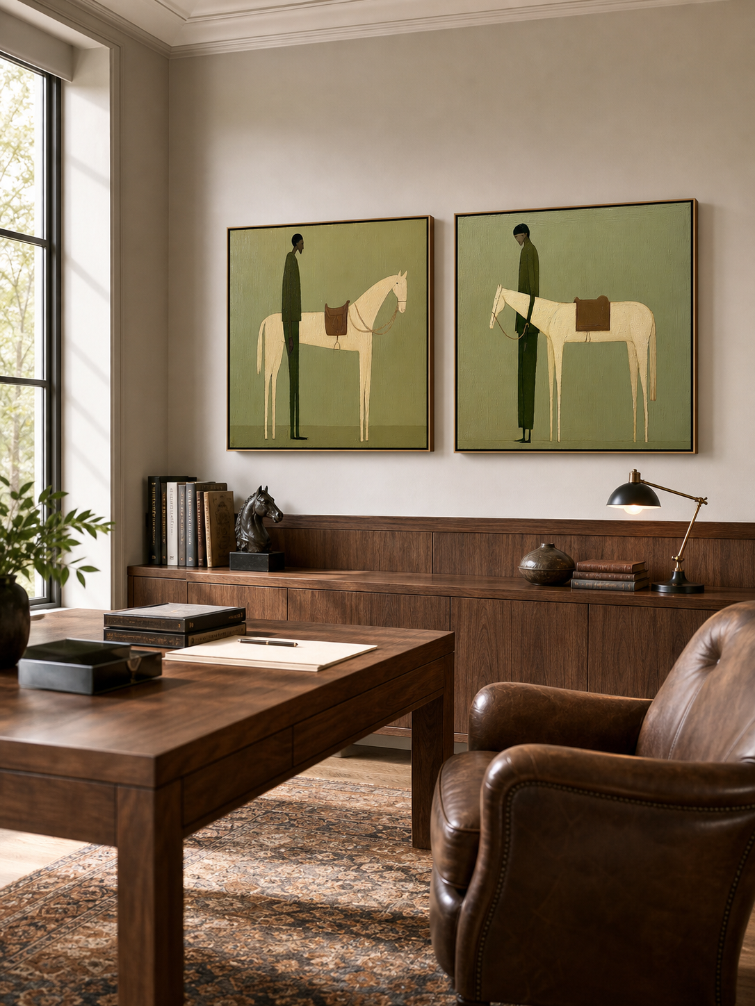 Retro Minimalist Man And Horse Painting Set Of Two For Living Room Decor