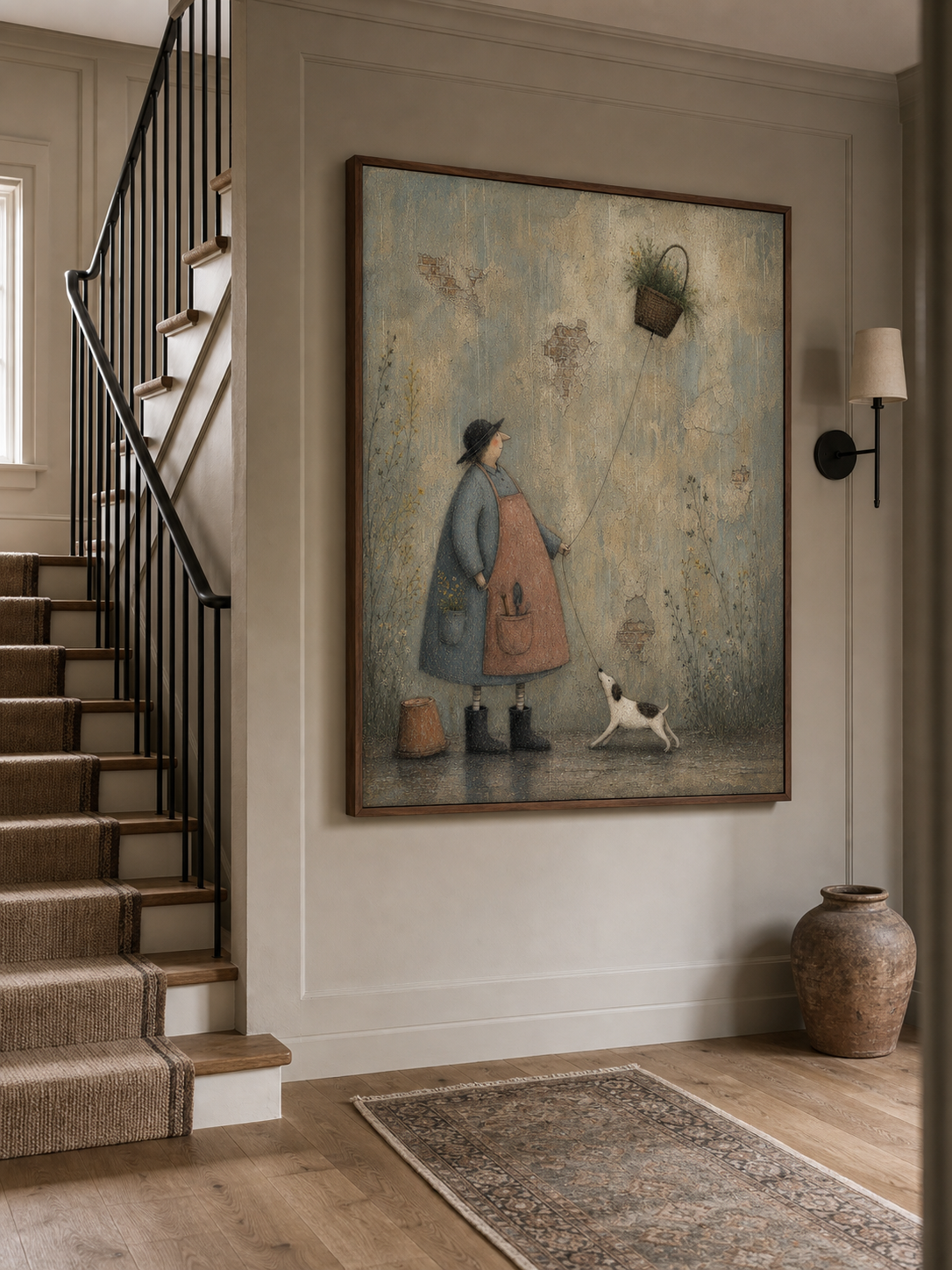 Whimsical Gardener Dog Canvas Wall Art Rainy Basket Flowers Vintage Oil Painting