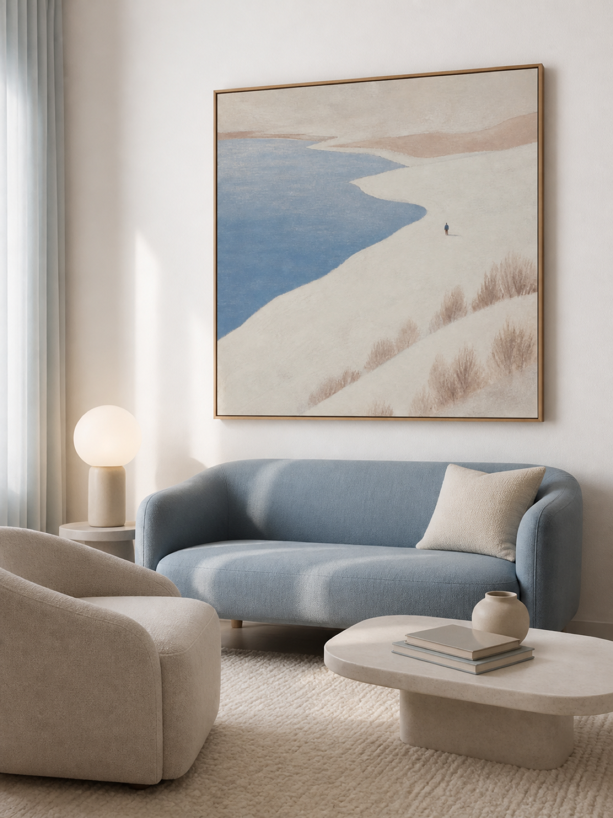Oversized Ivory Shoreline With Winding Blue Water Contemporary Canvas Art
