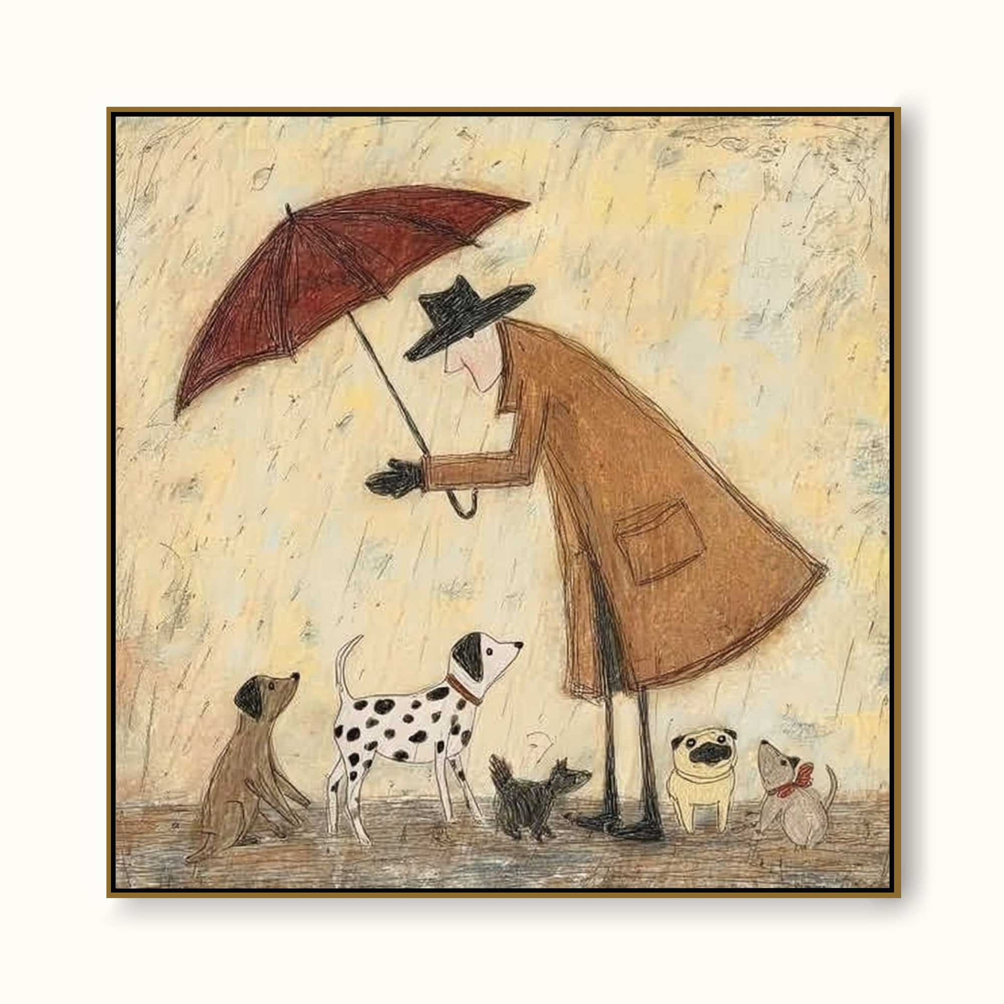 Whimsical Man With Dogs Under Umbrella Minimalist Beige Square Canvas Art