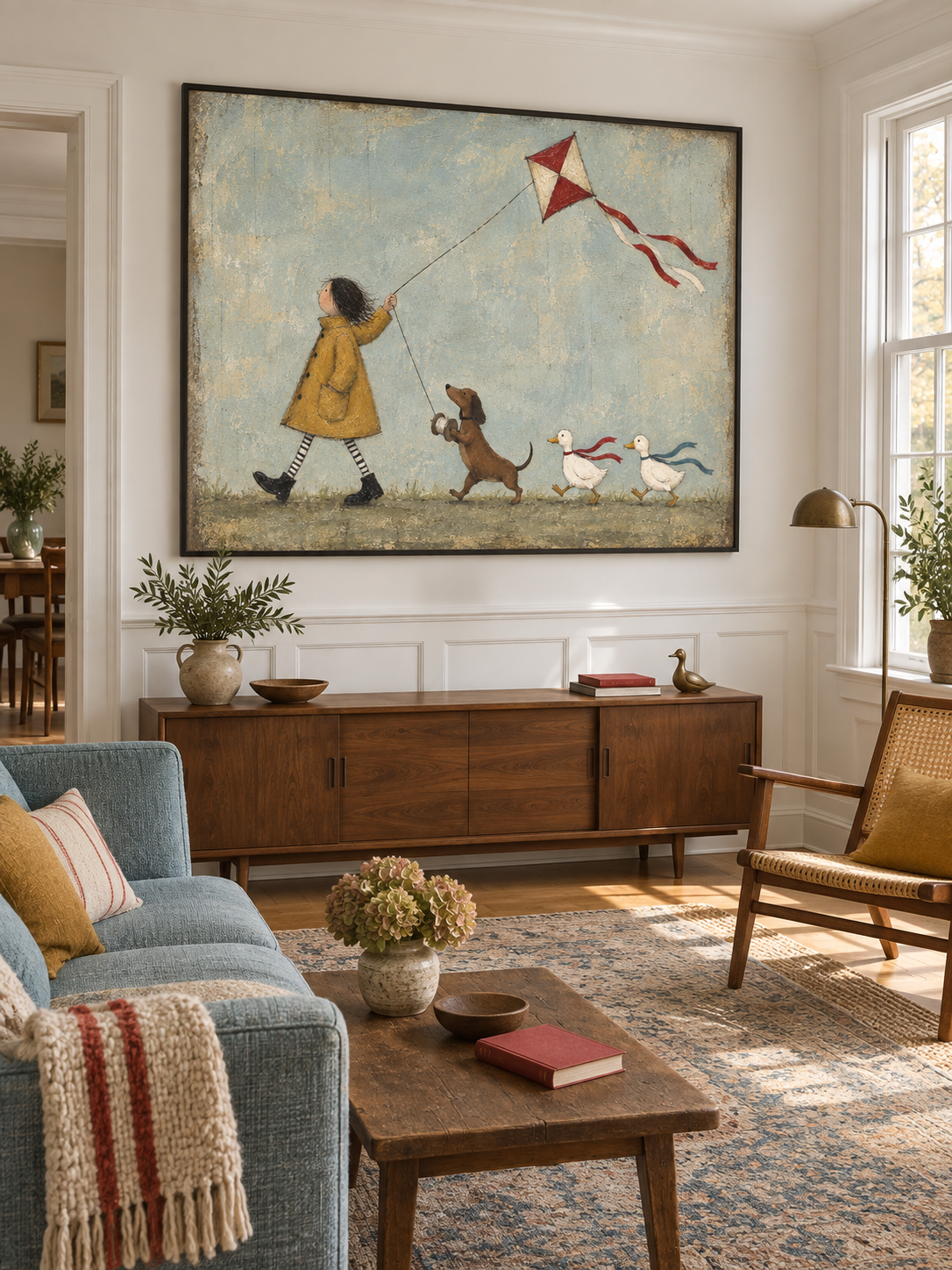 Colorful Kite Flying Canvas Art With Dog And Ducks For Kids Room Decor