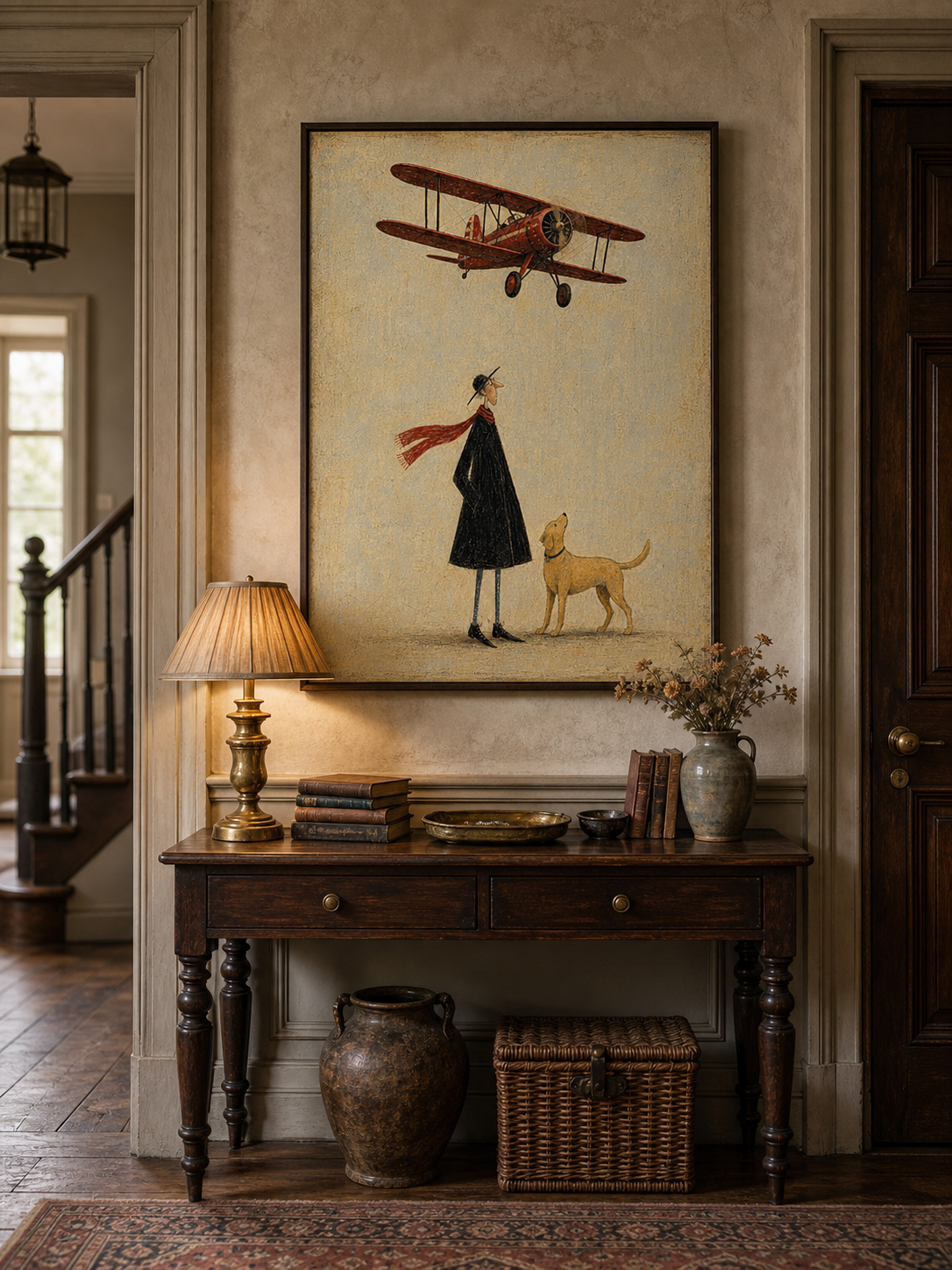 Vintage Red Biplane Painting Original Art For Travel Lovers Home Decor