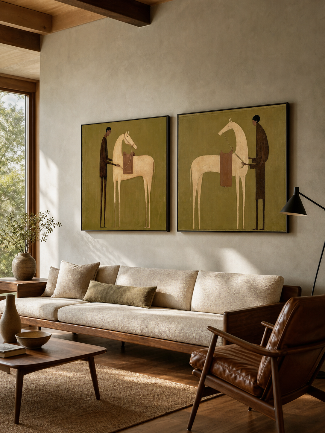 Vintage Equestrian Oil Painting Set Of Two Beige Brown Wall Art For Living Room
