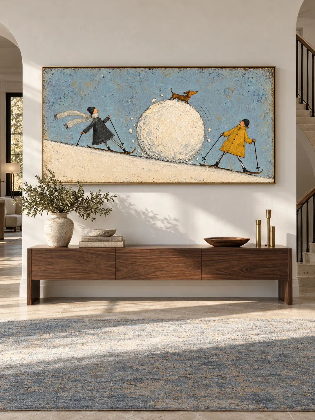 Whimsical Skiing Dog Hand-Painted Canvas Art With Snow Story