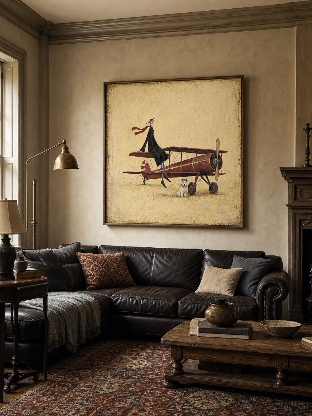 Original Surrealist Oil Painting Aviator Wall Art Handmade Canvas Vintage Airplane Fine Art
