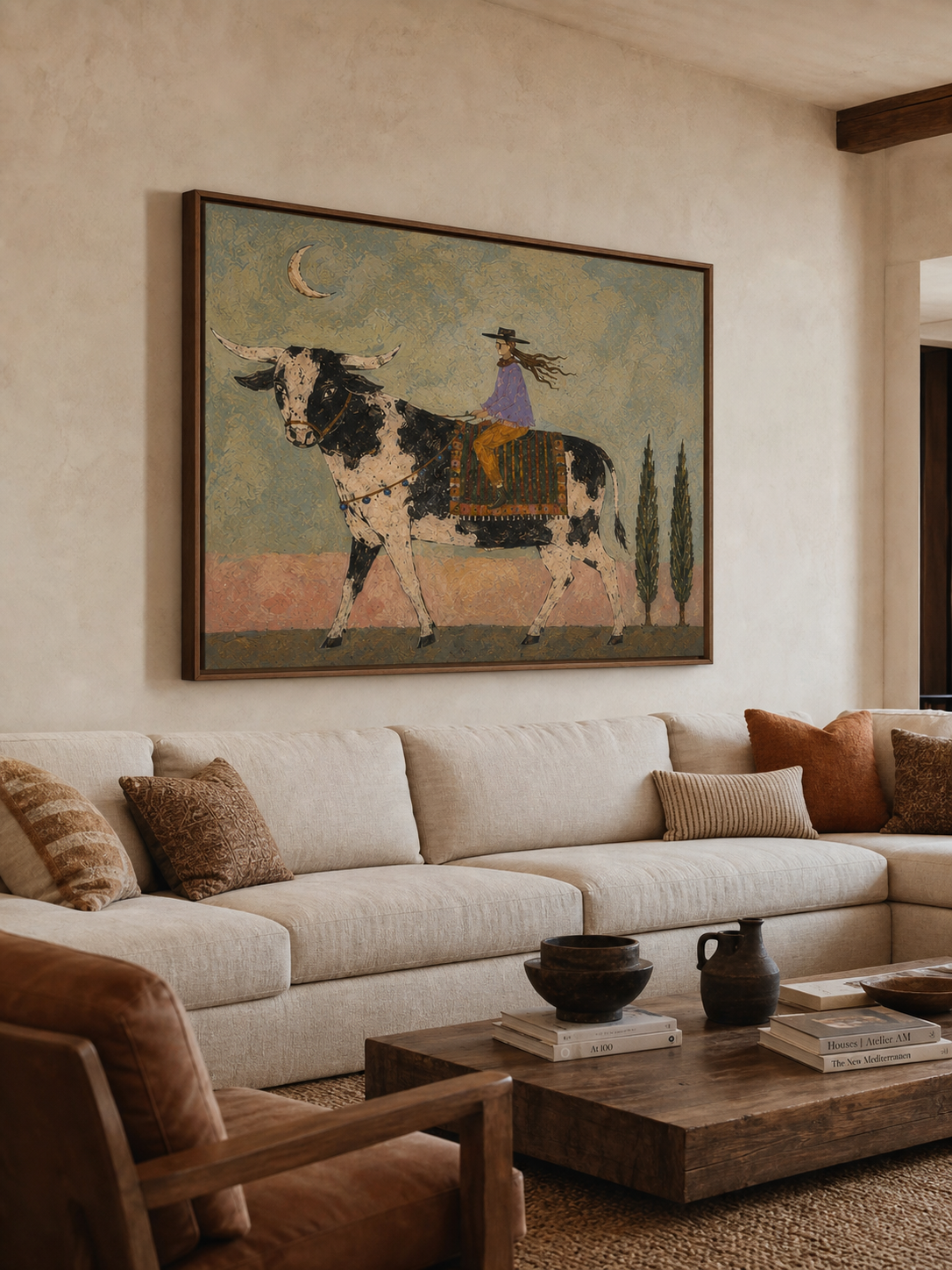 Hand Painted Western Folk Art Bull Rider Canvas For Rustic Home Decor